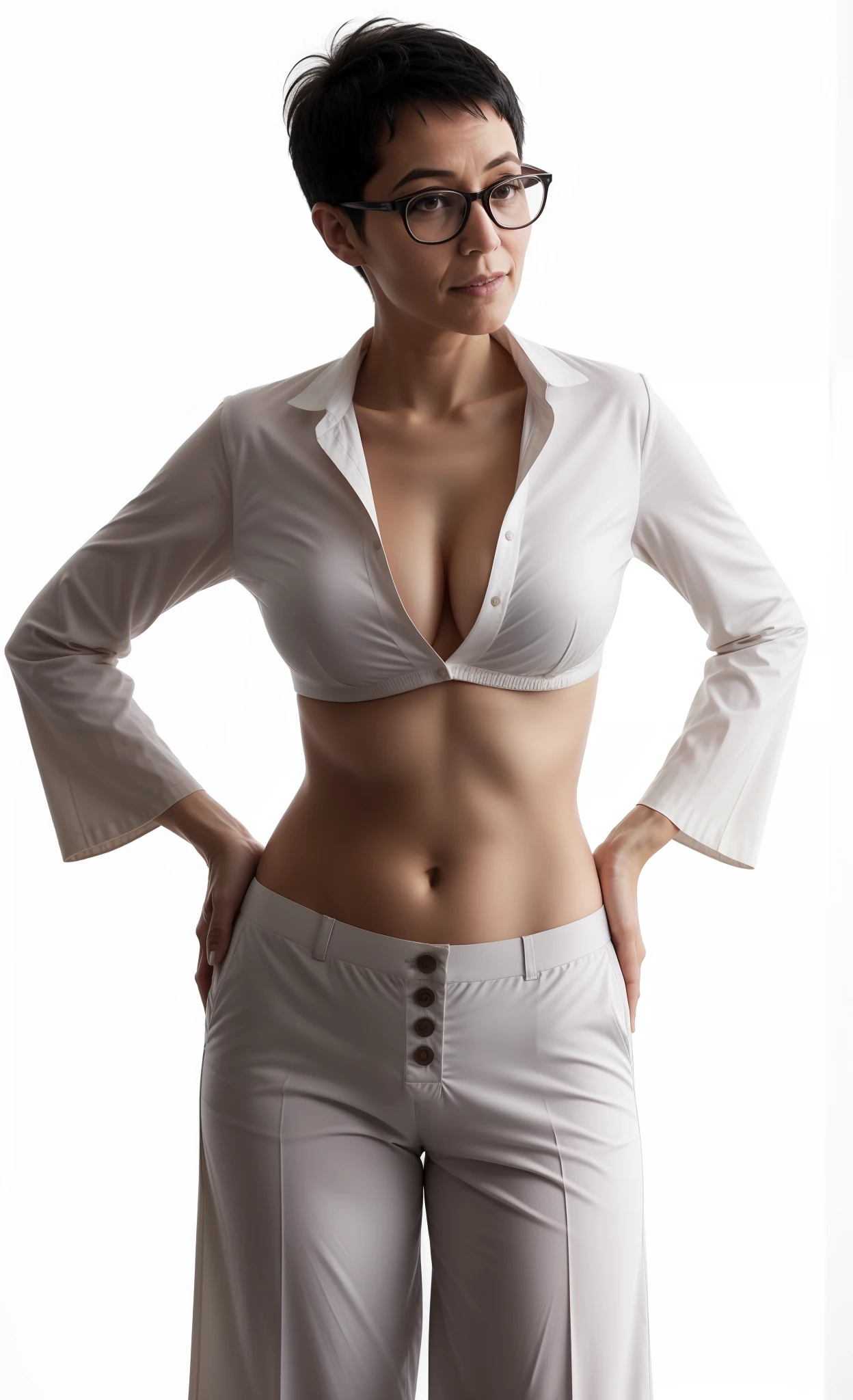 overly succinct clothed bespectacled cheeky aged elderly older mature nerd self-confident lady very expert in self-defense proudly wears unbuttoned cream fit stretched overly skimpy half-shirt with high starched neck and with deep unglued V-neck pinned by one only ivory button, extremely low rise sailor pants, very much short shaved French black hair-cut, drop-shaped overly big deep belly-button, too much broad hips!