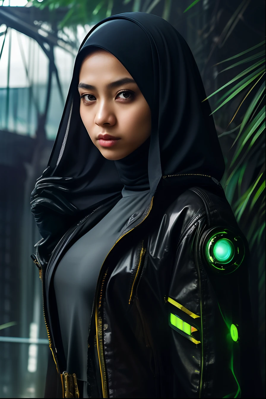 Create a high-quality portrait photograph of a young Malay girl in hijab, elegantly dressed in a cyberpunk-inspired outfit, set against the lush backdrop of a dense jungle. Capture her with exceptional detail in a half-body shot, highlighting the fusion of traditional and futuristic elements in her attire. Pay special attention to the contrast between the natural beauty of the jungle and the edgy, high-tech aspects of her cyberpunk style. This portrait should convey the harmony of these contrasting elements in a visually stunning and thought-provoking composition.