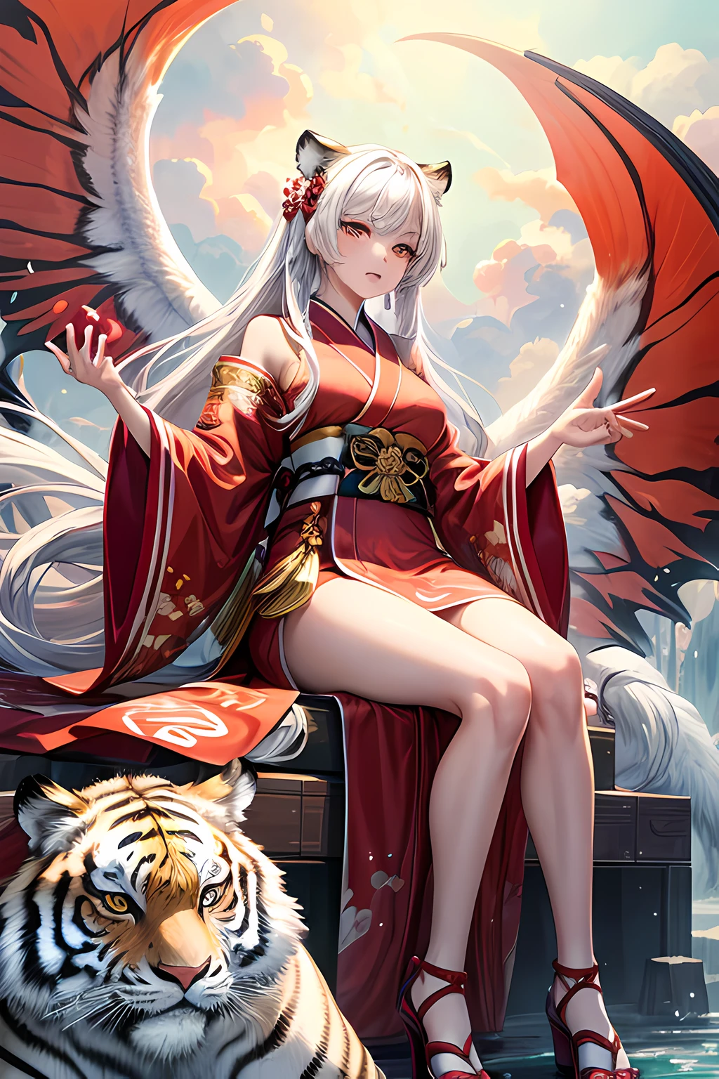 (Splash Art), (masutepiece ,Best Quality:1.2), 1girl in, Sitting on the clouds, Detailed face, strong facial expression, White hair, colourfull, Red and white Chinese style kimono、Longer dress, Precision Line, Large-scale muralists, manticore, Tiger and White Tiger, Red Phoenix