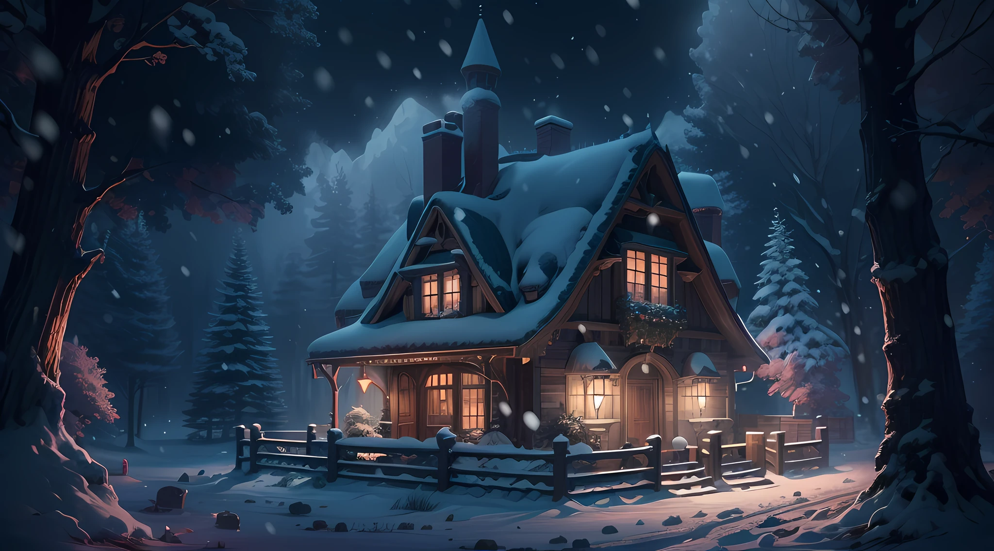 disney house in dark snowing forest 8k resolution