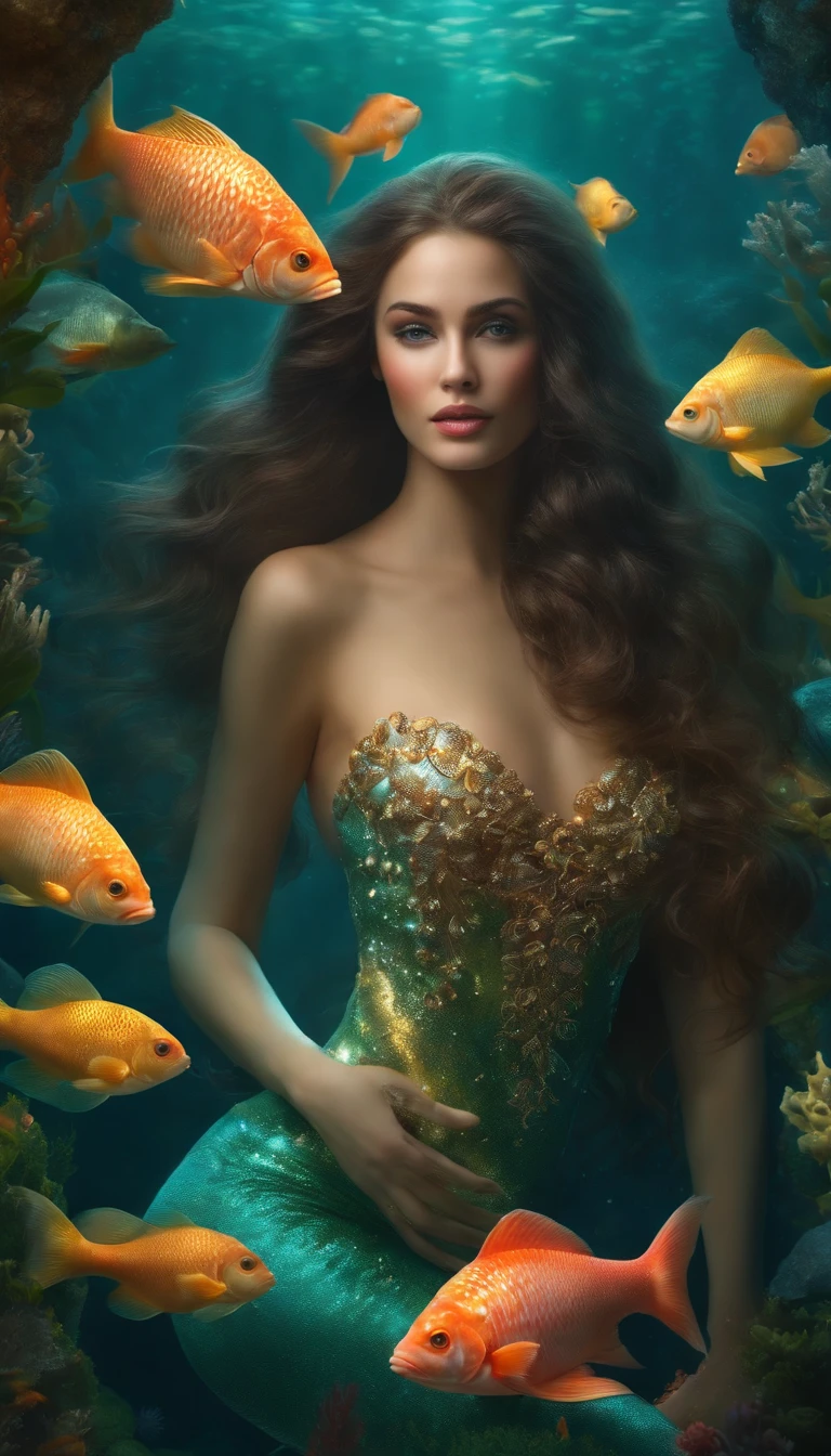 (Best quality,4K,8K,A high resolution,Masterpiece:1.2),Ultra-detailed,Tempting mermaids,((Beautuful Women+Fish tail)),Shimmering scales,Ethereal beauty,A mysterious underwater world,glittering ocean,Illuminated by moonlight,Lush underwater flora,Flowing hair,Rainbow palette,Beautiful shell and coral decoration,Be captivated by the deep sea,mesmerizing charm,mythological creatures,hauntingly beautiful,hyperrealistic atmosphere,ethereal and graceful,Powerful and elegant.