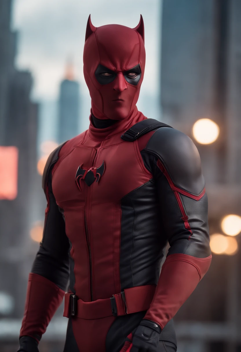 anime cover, dare devil first suit, tall city behind him