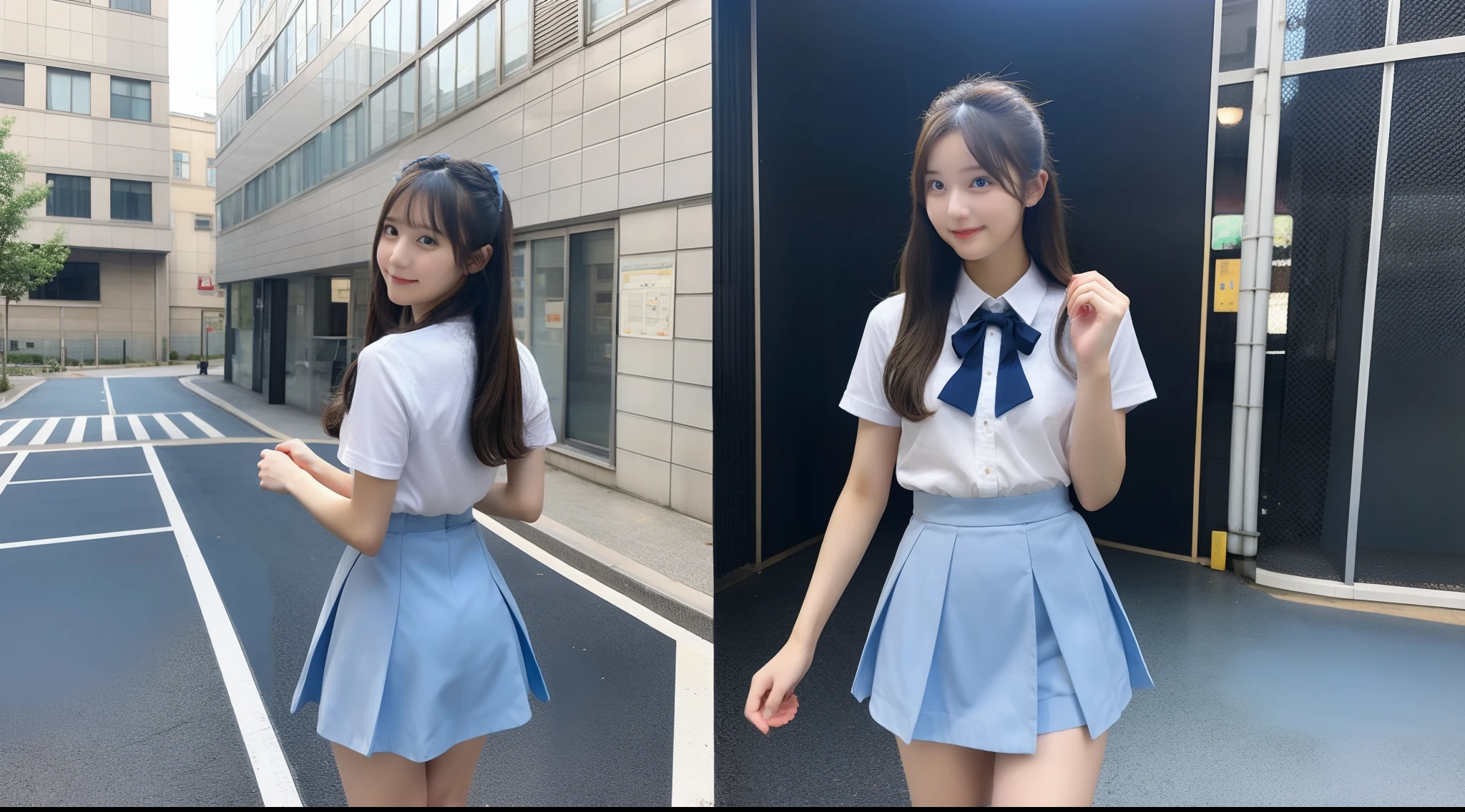 18-year-old high school girl wearing light blue miniskirt(Turn around)