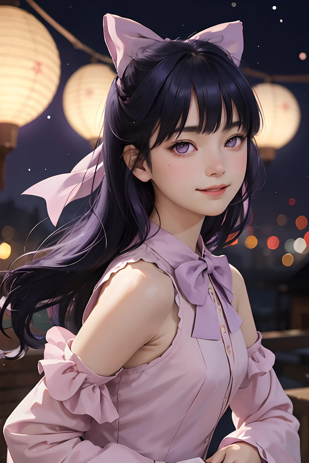 (extremely delicate and beautiful:1.2),1girl,fashi-girl,blunt bangs, purple eyes, blurry, blurry background, bow, dark blue hair, closed mouth, from side, hair between eyes, hair bow, lantern, light particles, long sleeves, looking at viewer, wavy hair, night, purple bow, solo, star \(symbol\), upper body,smile,pink lips,((front face))
