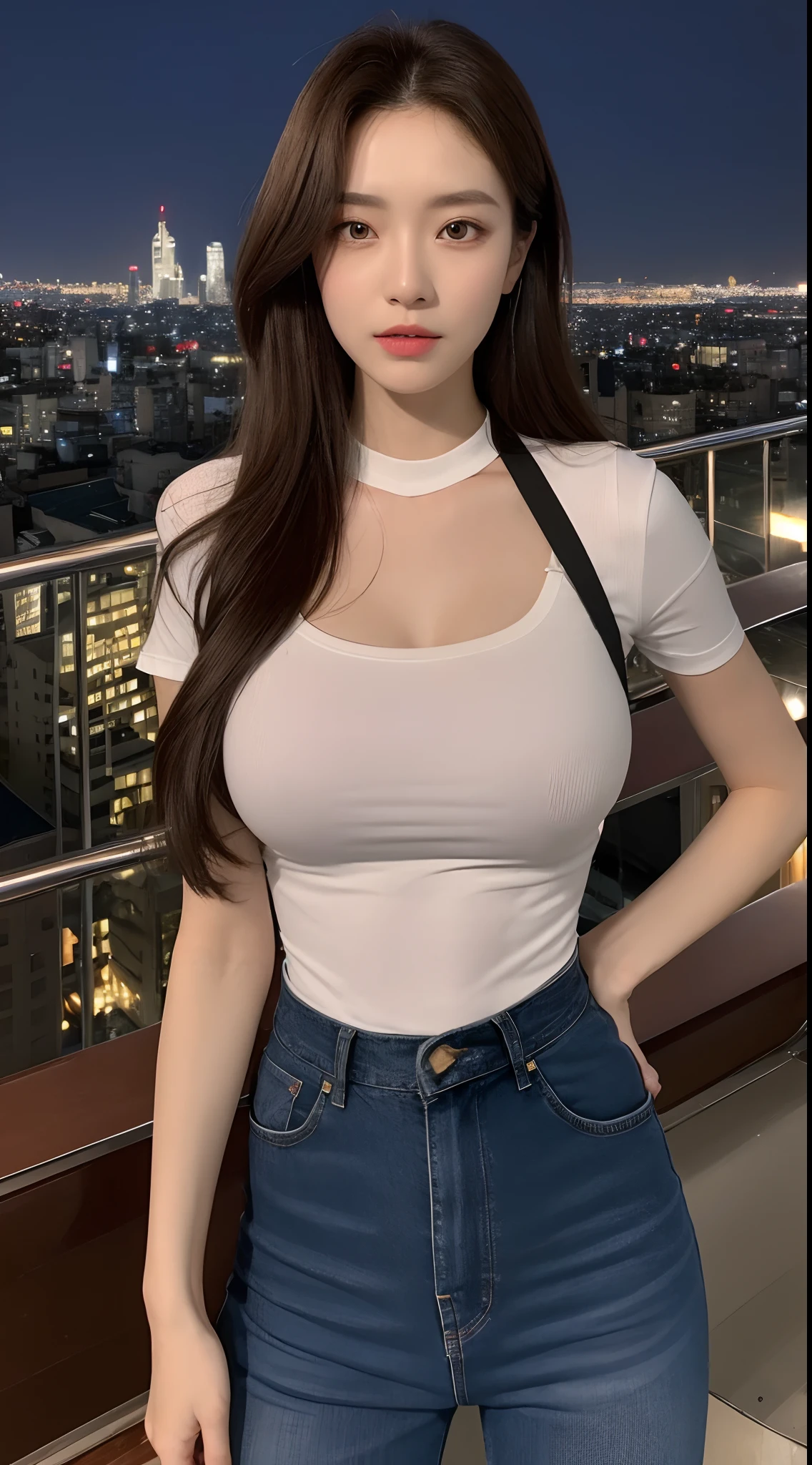 ((Midnight, Best quality, 8k, Masterpiece :1.3)), Whole body, Long legs, Sharp focus :1.2, A pretty woman with perfect figure :1.4, Slender abs :1.1, ((Dark brown hair, Big breasts :1.2)), (White tight tshirt, Jean bib, Standing:1.2), ((Night city view, Rooftop:1.3)), Highly detailed face and skin texture, Detailed eyes, Double eyelid