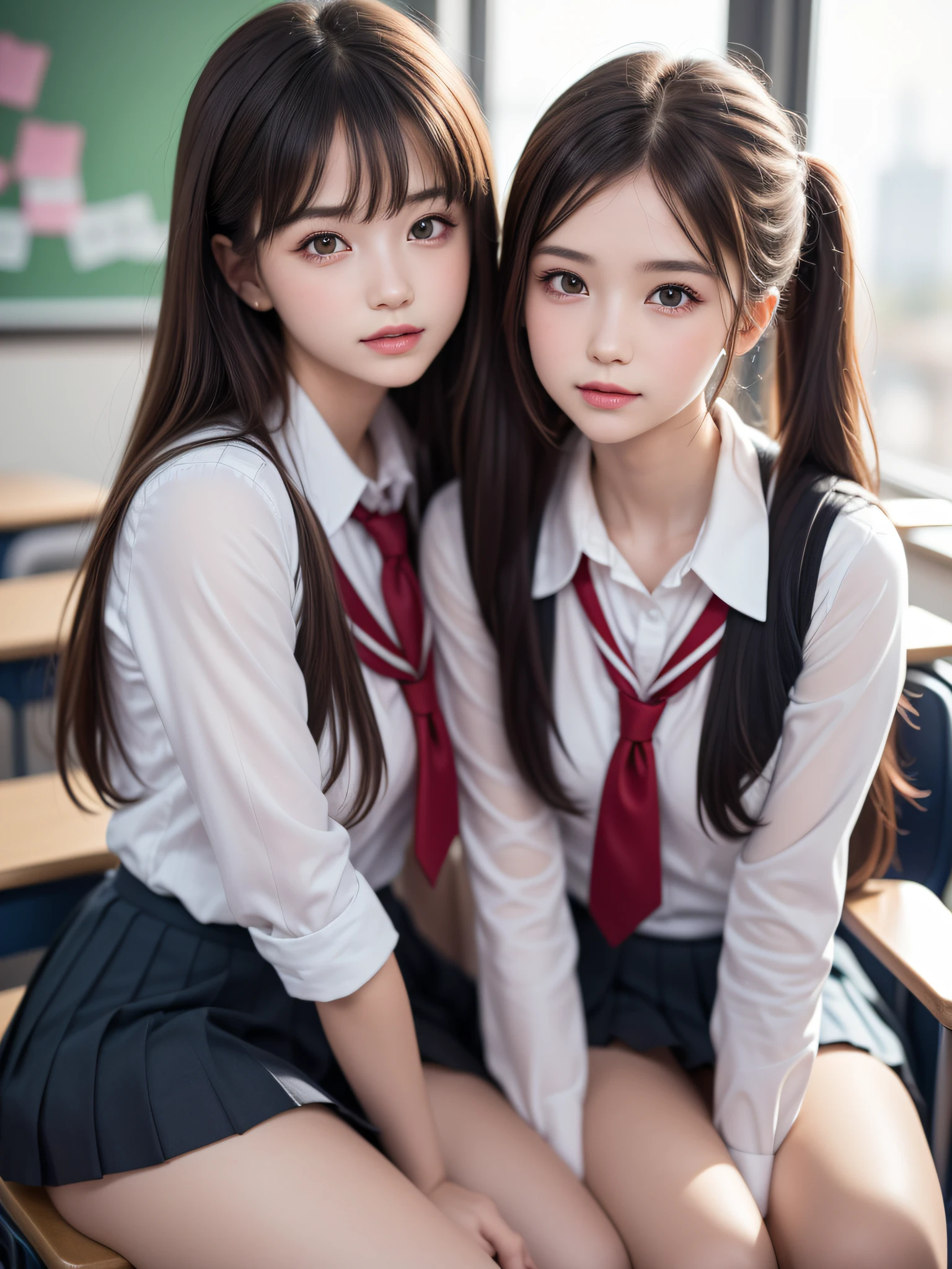 ((ung girls)), (highly detailed Beautiful face), Amazing face and eyes, (Best Quality:1.4), (Ultra-detailed), (extremely detailed CG unified 8k wallpaper), Highly detailed, High-definition raw color photos, Professional Photography, Realistic portrait, Amazing face and eyes, Pink eyes, twintails, (hi-school uniform, pleated mini skirt:1.3), (hi-school uniform with wide open breasts:1.2), (See-through sheer panties), ((Beautiful breasts)), (bare breasts:1.1), brown hair, model, (no bra, no panties:1.2), Sitting, ((open your legs)), cameltoe, (((Bokeh))), depth of fields, School, classroom,