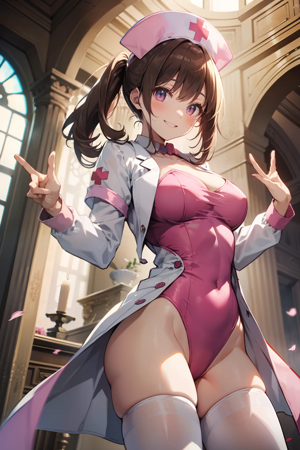 top-quality、Full limbs、complete fingers、Slender beauty、a 25yo woman、poneyTail、Brown hair、((Pink Nurse Leotard))、((Pink nurse hat))、White pantyhose、Red Cross、A big smile、in a castle、Dancing