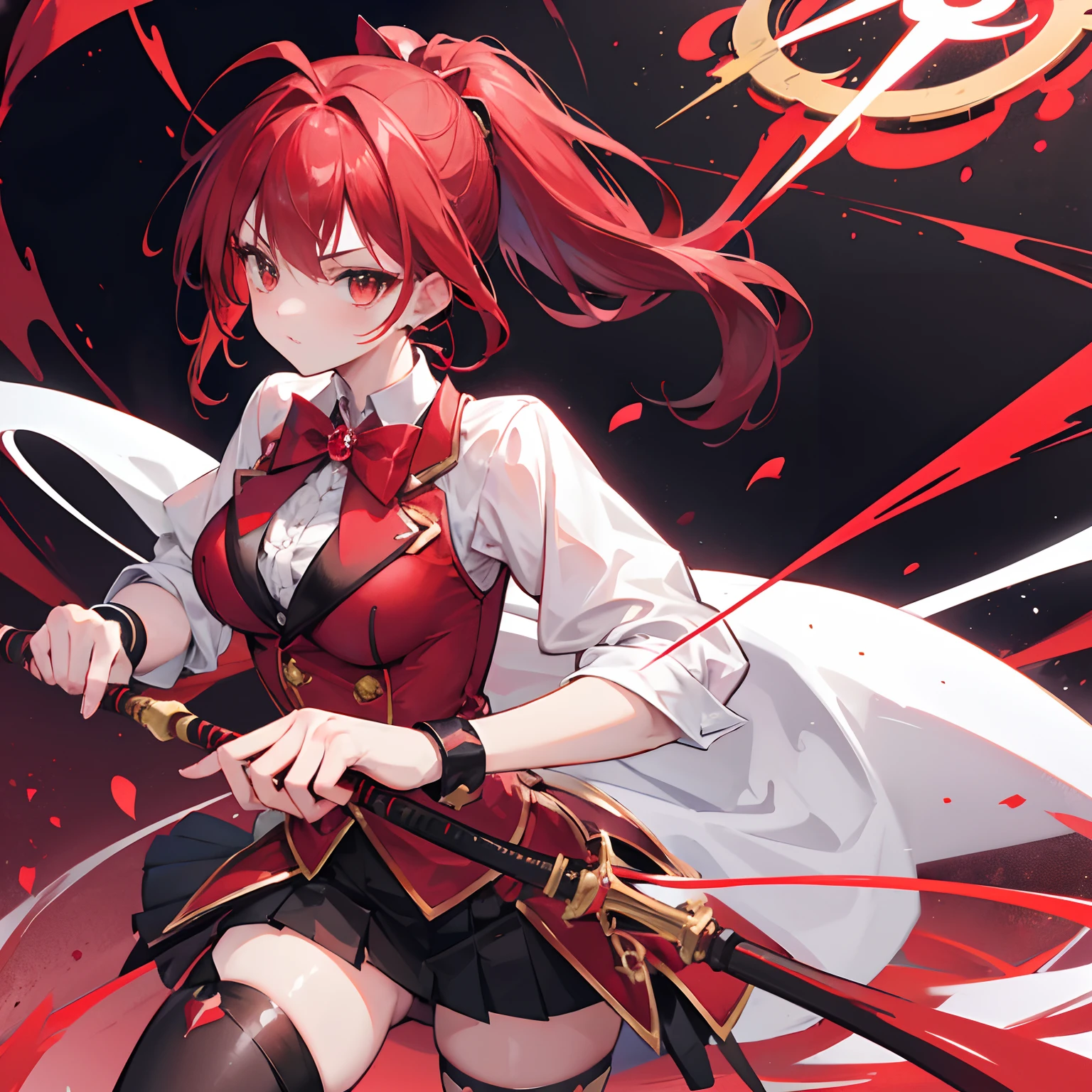 1 girl,red high ponytail,red and black tuxedo magical girl,golden eyes,rubies,holding a rapier,tomboy,