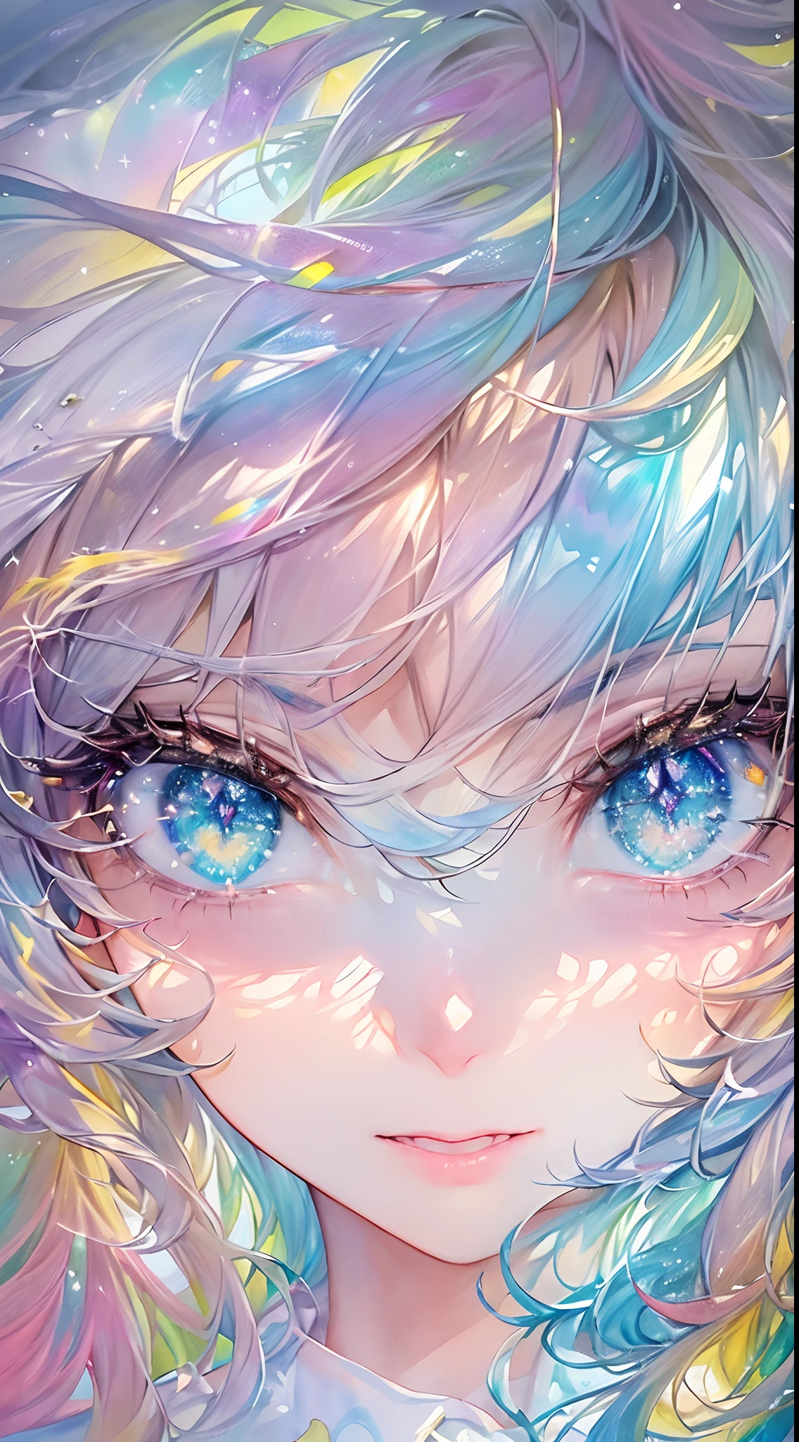 Soft Focus , (Bright gradient watercolor :1.5, Lens Flare:1.5 , Glitter :1.5), Glow , Dreamy , White background、Grid illusion, Colorful, girl、((extremely detailed eye:1.5)),((Face Zoom:1.5)),((Face Focus:1.5)),(((​masterpiece、top-quality、top-quality、watercolor paiting)))(Curly)、Official art、Beautifully Aesthetic:1.2)、eye glass:1.5、(4girl:1.5)、(Fractal Art:1.3)、The upper part of the body、colourfull、((Ultra-detailed retina:1.5))、embarrassed from、(Midriff)、((Super Detail Eyes:1.5))、(rainbow-colored hair、colourful hair、Half blue and half light blue hair:1.5)、((the Extremely Detailed CG Unity 8K Wallpapers、​masterpiece、top-quality))、((ultra-detailliert:1.2))、(The best lighting、Best Shadows、extremely delicate and beautiful)、(the Extremely Detailed CG Unity 8K Wallpapers、​masterpiece、best qualtiy、ultra-detailliert)、(The best lighting、Best Shadows、extremely delicate and beautiful)、(the perfect body:1.5)、((High School Uniforms:1.5)),{{{{Dazzling brilliance}}}}、Rainbow Bridge、(masutepiece:1.2), Best Quality, (Illustration:1.2), (Ultra-detailed), hyperdetails, (delicate detailed), (Intricate details), (Cinematic Light, best quality backlight), solo women, Perfect body, (4girl), (Best Illumination, extremely delicate and beautiful), Cinematic Light、【emblem:Irridescent color 】、Blue sky with white angel wings proportional to body、Sunnyday