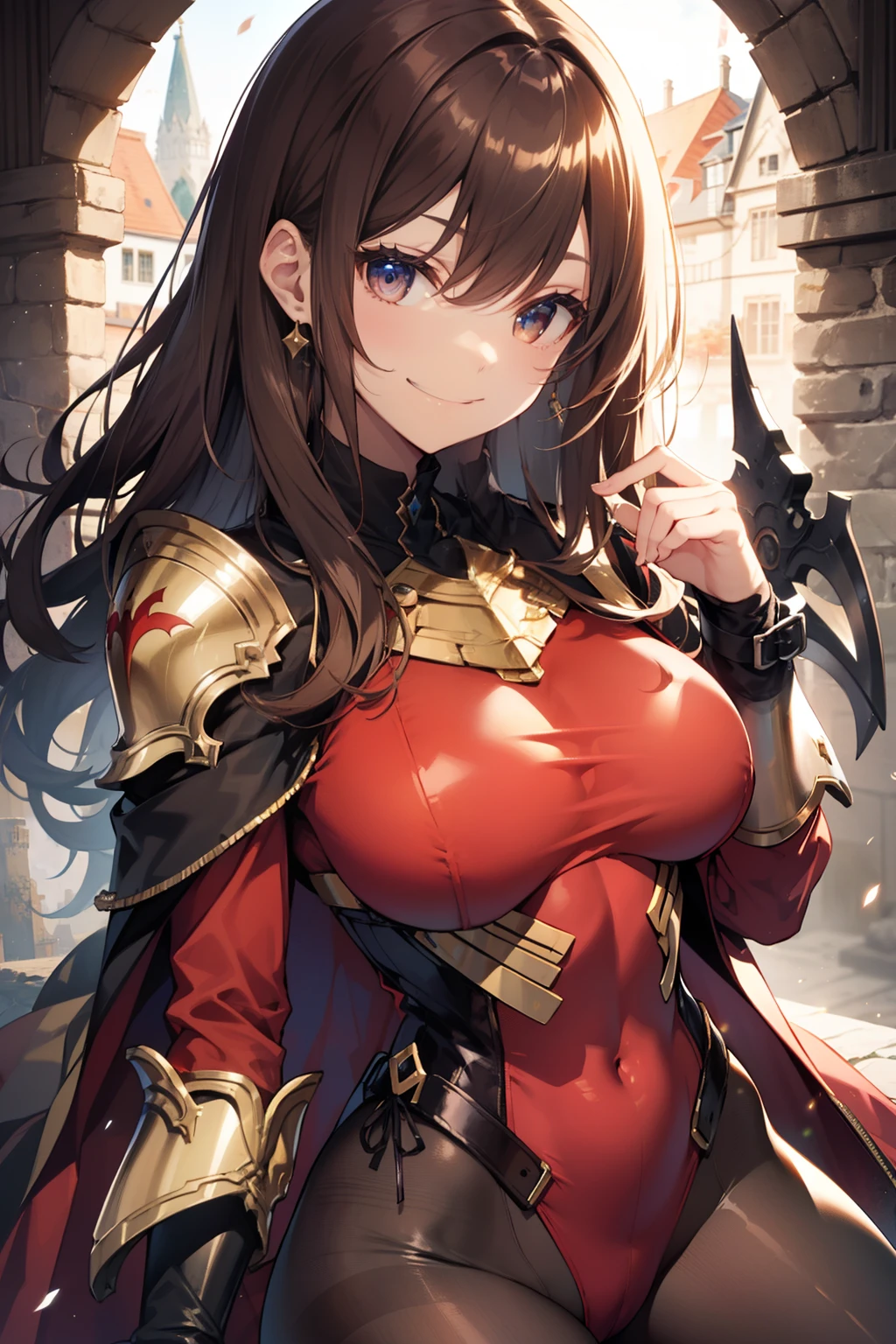 top-quality、Full limbs、complete fingers、Slender beauty、straight haired、Brown hair、(Red High Neck Long Sleeve Leotard:1.3)、(Brown pantyhose:1.3)、red cloak、Western armor、Iron breastplate、Iron shoulder rest、Iron Gauntlet、Iron shin pad、Beautiful Large Breasts、in a castle、A big smile、is standing、sexypose