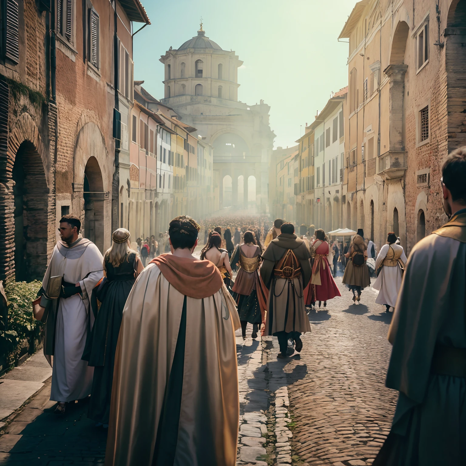 Imagem de um grupo de pessoas vestidas com roupas romanas, vestidos com roupas romanas, Mercado em Roma Antiga, em uma cidade medieval, Cidade Romana, roman festival backdrop, uma cidade medieval, cidade medieval, fotografia medieval, cidade medieval, Estilo romano antigo, viajantes andando pelas ruas, Todos os caminhos levam a Roma, Estilo romano antigo, vestidos com roupas medievais
