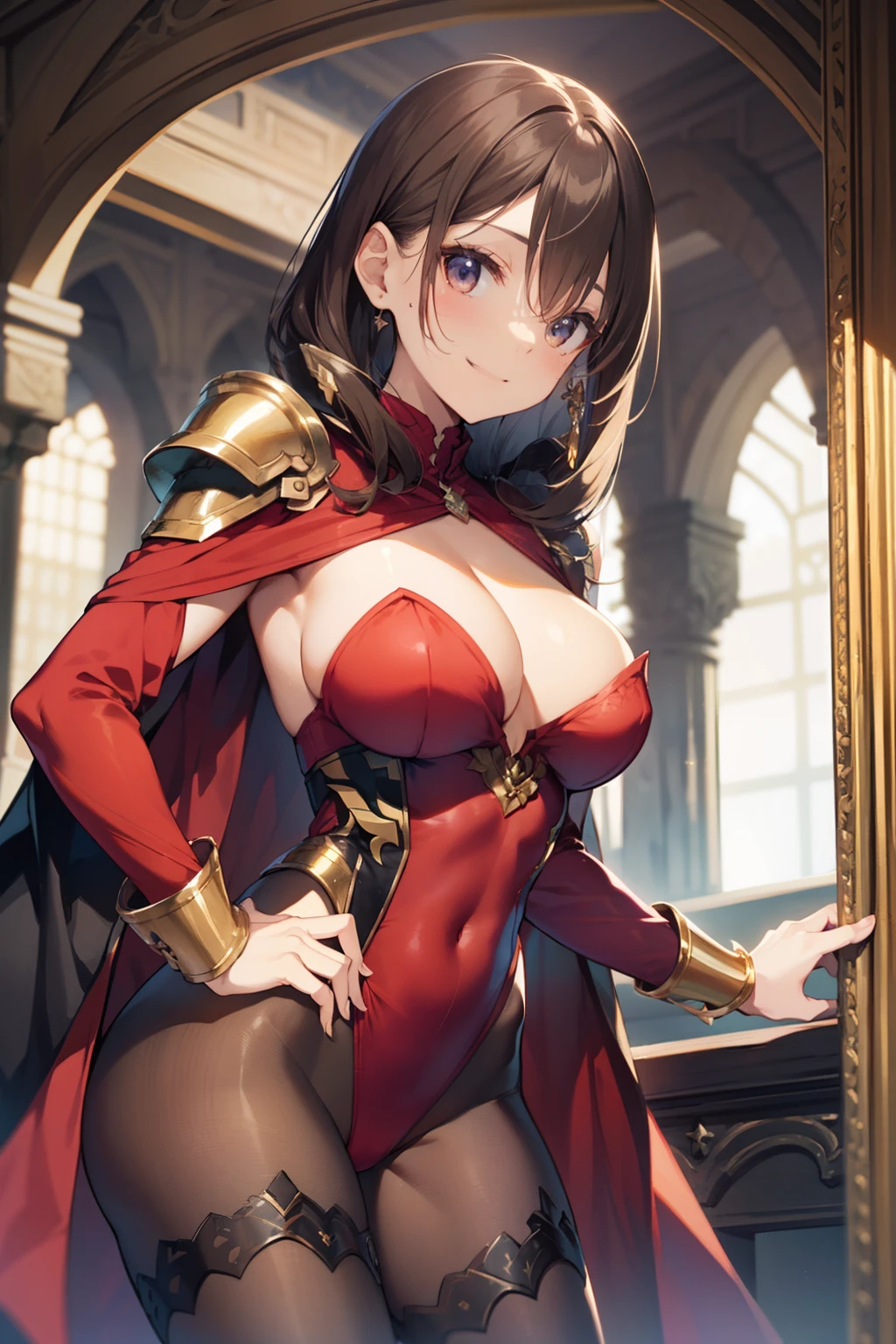 top-quality、Full limbs、complete fingers、Slender beauty、straight haired、Brown hair、((Red High Neck Long Sleeve Leotard:1.3))、Leotard with gold pattern、(Brown pantyhose:1.3)、red cloak、Western armor、Iron breastplate、Iron shoulder rest、Iron Gauntlet、Iron shin pad、Beautiful Large Breasts、in a castle、A big smile、is standing、sexypose