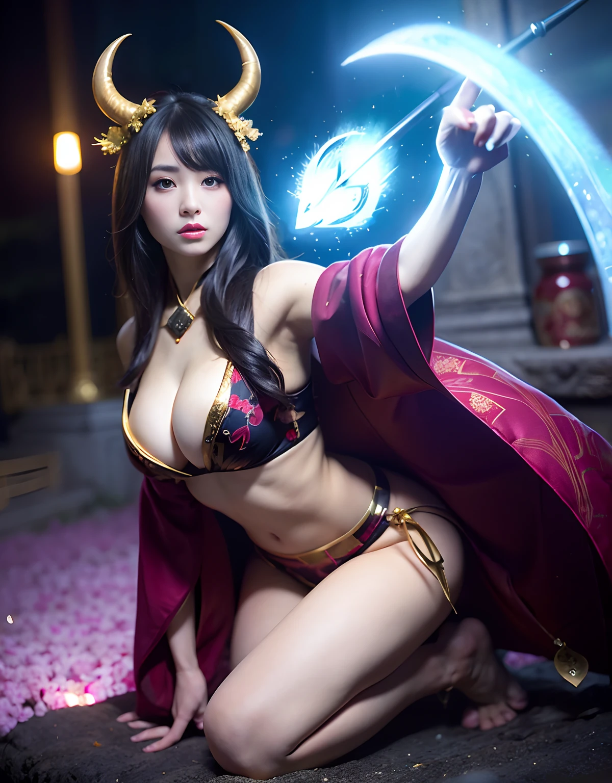 ((World of Darkness)),Professional , ​masterpiece、top-quality、photos realistic , depth of fields 、（sexypose）、(Background of cherry blossoms in full bloom),（Ultimate Beauty）、A dark-haired、（White bikini armor)、（Kimono with beautiful pattern）、（Night background）、（（a dark night））,(Wear a beautiful kimono),（Wear a beautiful kimono with colorful floral patterns）、Jewel Gold Weapon、Particles of light),（Has a devil's mask）、Gorgeous gold weapons ,（（ Gorgeous Dragon Sword）） , （a dark night）,,（maikurobikini） 、（（Black Haired Beautiful Girl））、（Castle background）、（demonic wings）、（（Gangle's forest background））、Beautiful Caucasian beauty、１a person、dynamic ungle,(((Two devil's horns on the head)))、Smaller head、Idle Smile、Thin and beautiful female hands、Mystical expression、Light Effects、intense fighting、Wind-effect、magic circles、With the legendary magic wand、Dragon's tail、