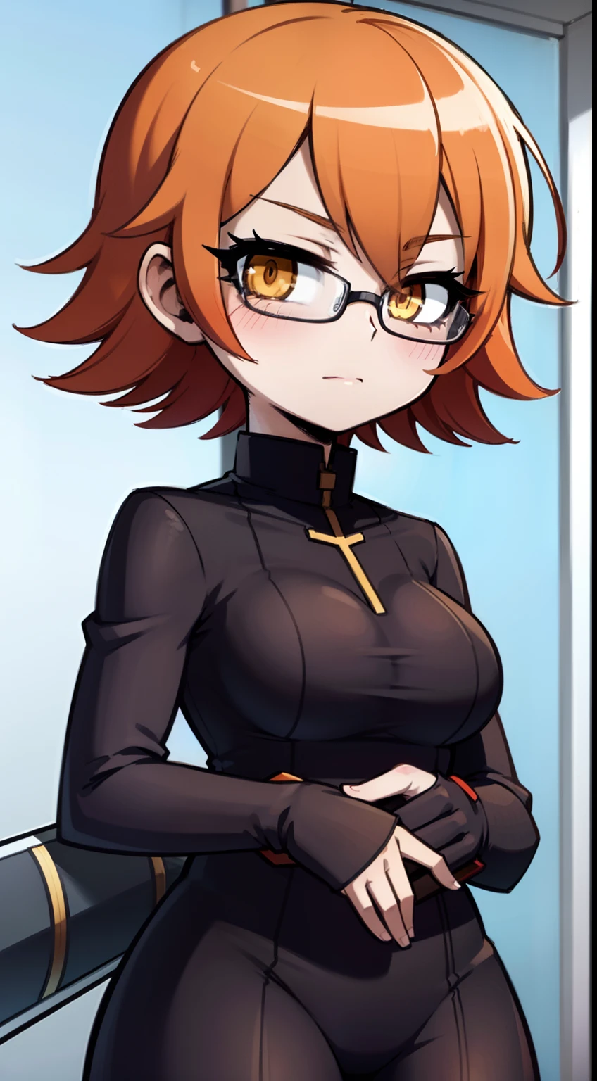 Big Tits. Glasses. Orange Eyes. Orange hair. magical girl. Weapon is an axe. Anime Girl. Short hair, anime style eyes, anime keyvisual. Perfect pupil. Solo.