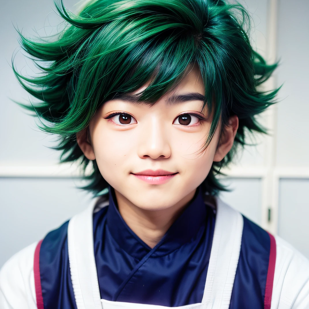 a close up of a asian boy smiling with green hair and a blue shirt, high quality, detailed face, without any glasses