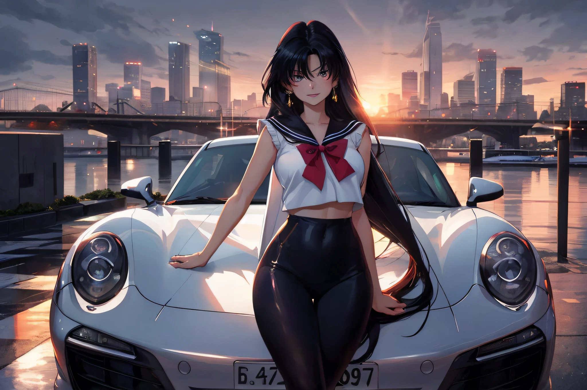 Masterpiece,best quality,
Sailor Mars posing on the hood of a silver Porsche 911, with a fiery determination in her eyes and her long black hair flowing behind her. The city skyline serves as a stunning backdrop, with the sun setting in the distance, more facial details