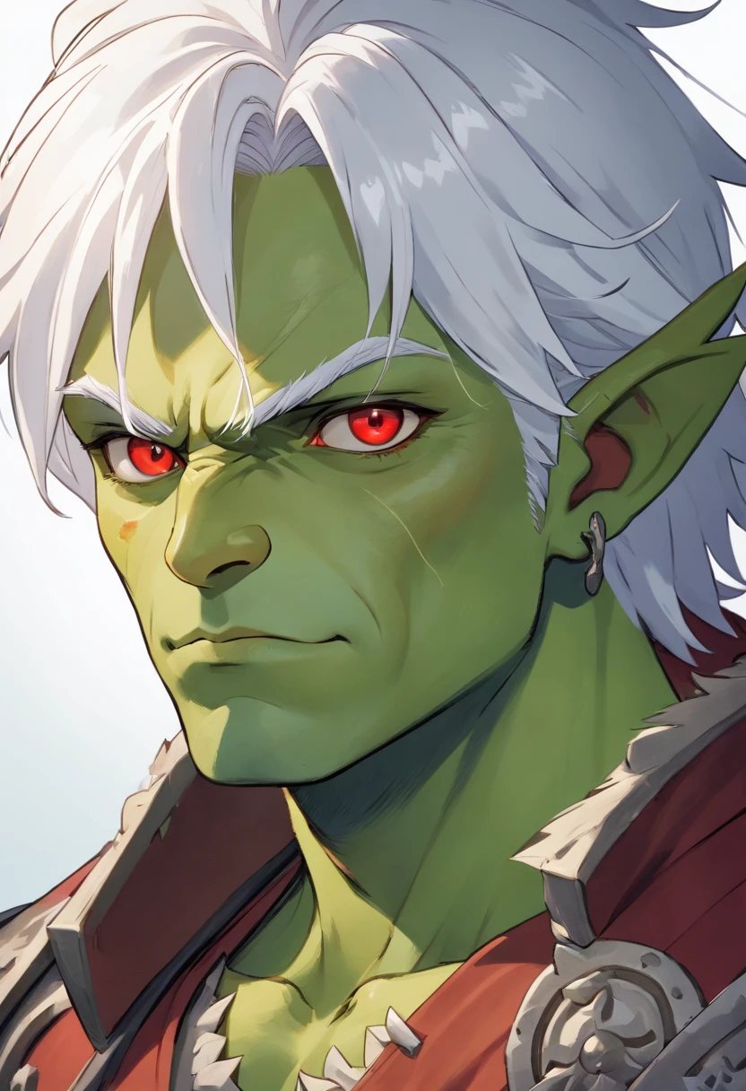 half orc, green skin, male, close up portrait, fantasy look, rpg character, medieval fantasy, white hair, red eyes, 1.90 height, muscolar