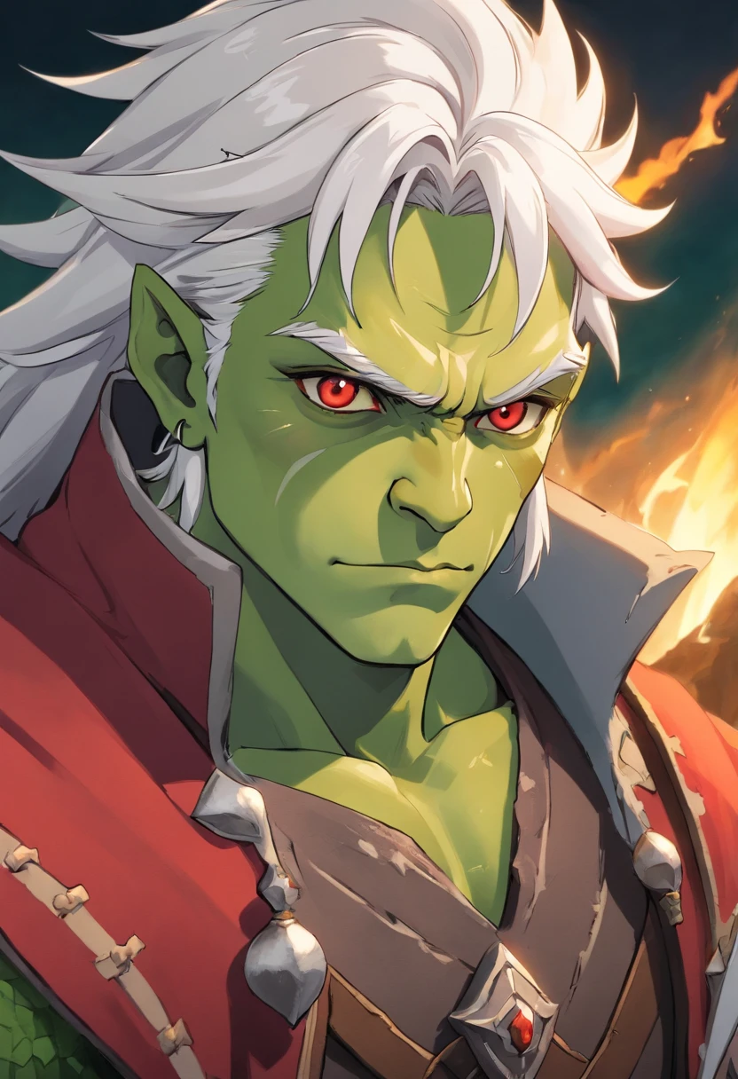 half orc, green skin, male, close up portrait, fantasy look, rpg character, medieval fantasy, white hair, red eyes, 1.90 height, muscolar