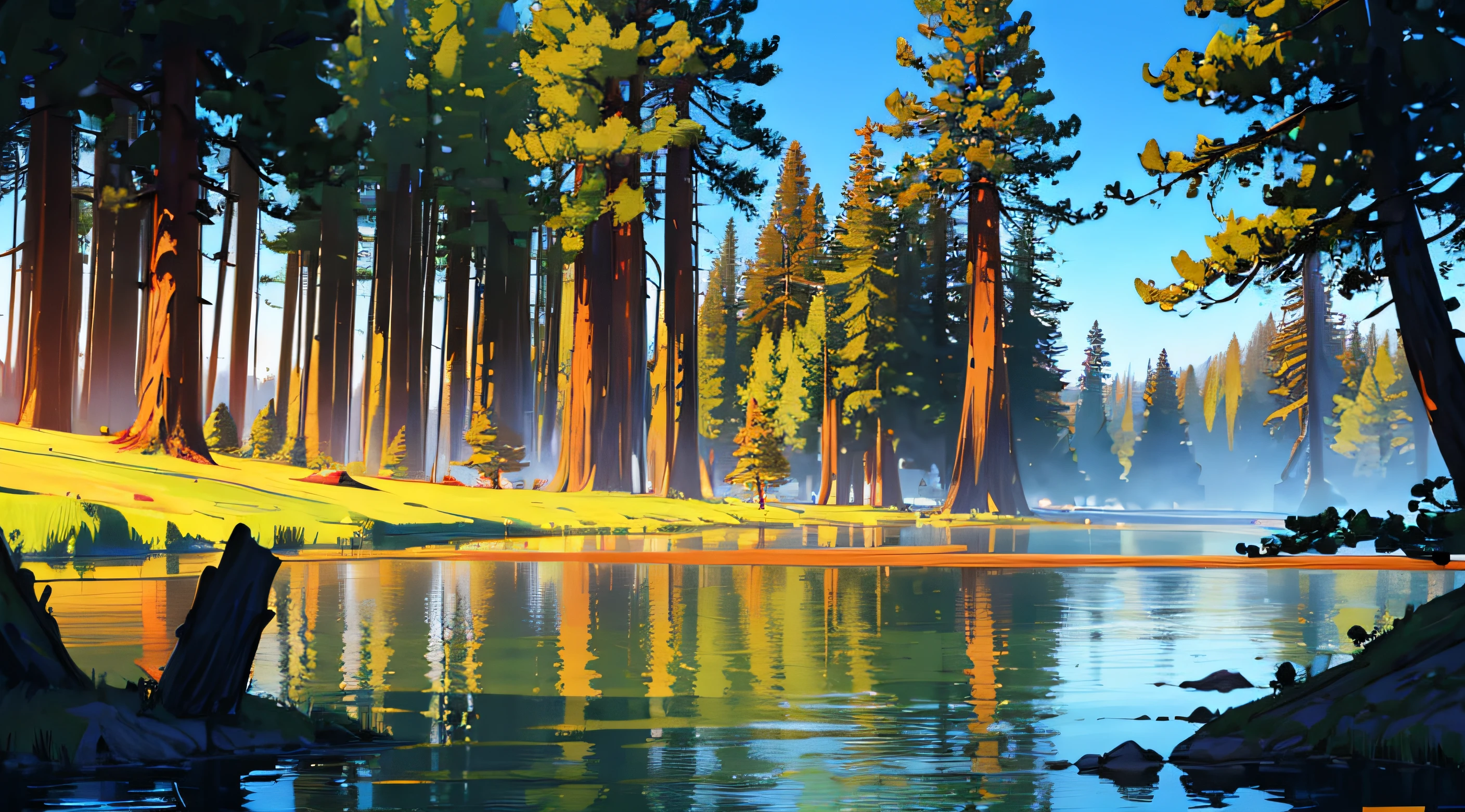 ((Masterpiece)), ((Best Quality)), A tranquil lake surrounded by towering redwoods, creating a serene and otherworldly natural sanctuary.