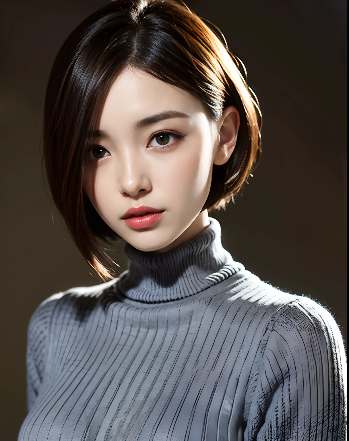 photoRealstic、hight resolution、Beautiful woman、Grey turtleneck sweater、Knitwear that fits the body shape、black hair shorthair、Dynamic composition、Bright lighting