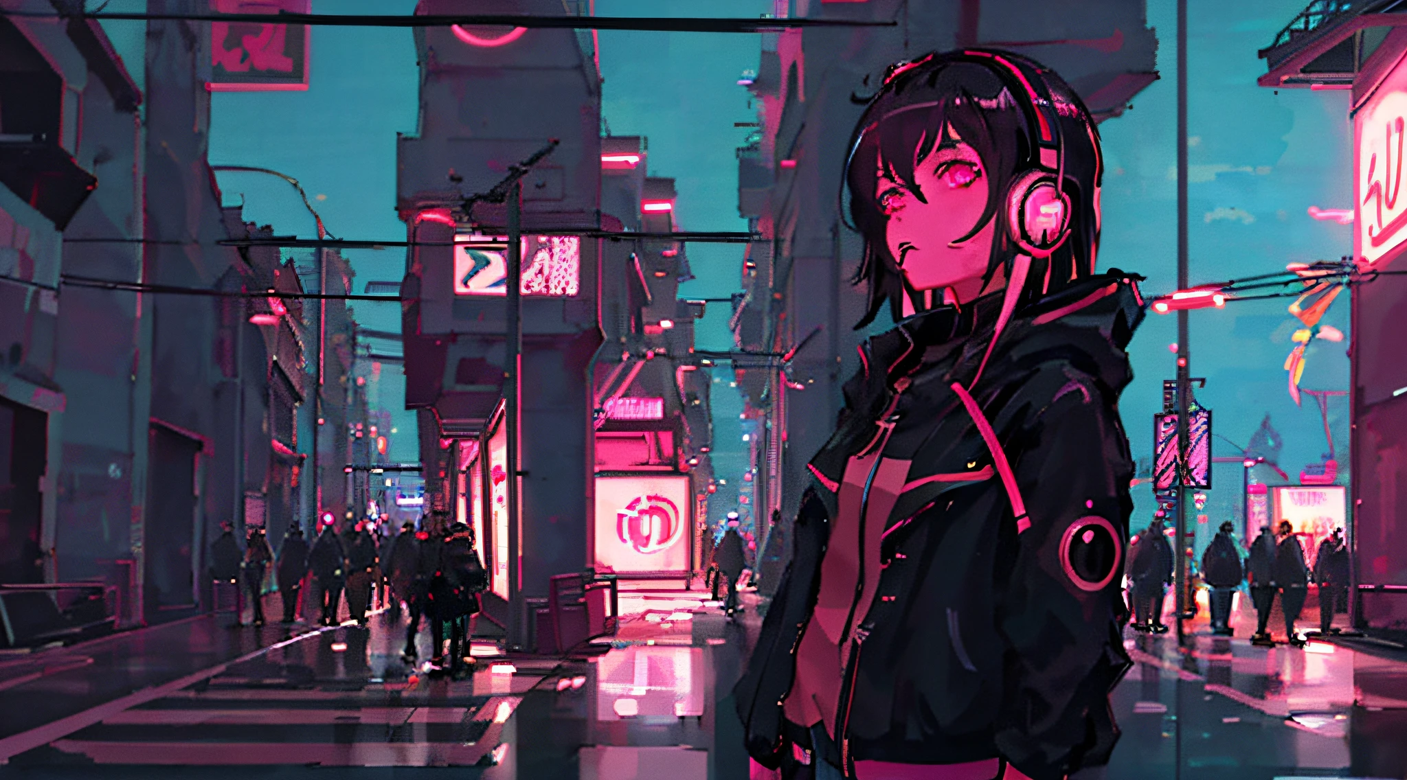 Anime girl with headphones in crowded city at night, [ 4K synthwave art style ]!!, nightcore, lofi artstyle, anime style 4 k, Anime style. 8K, [ synthwave art style ]!! ]!!, digital cyberpunk anime!!, modern cyberpunk anime, 8 0 s anime vibe, ( ( ( Synth Wave ) ) )