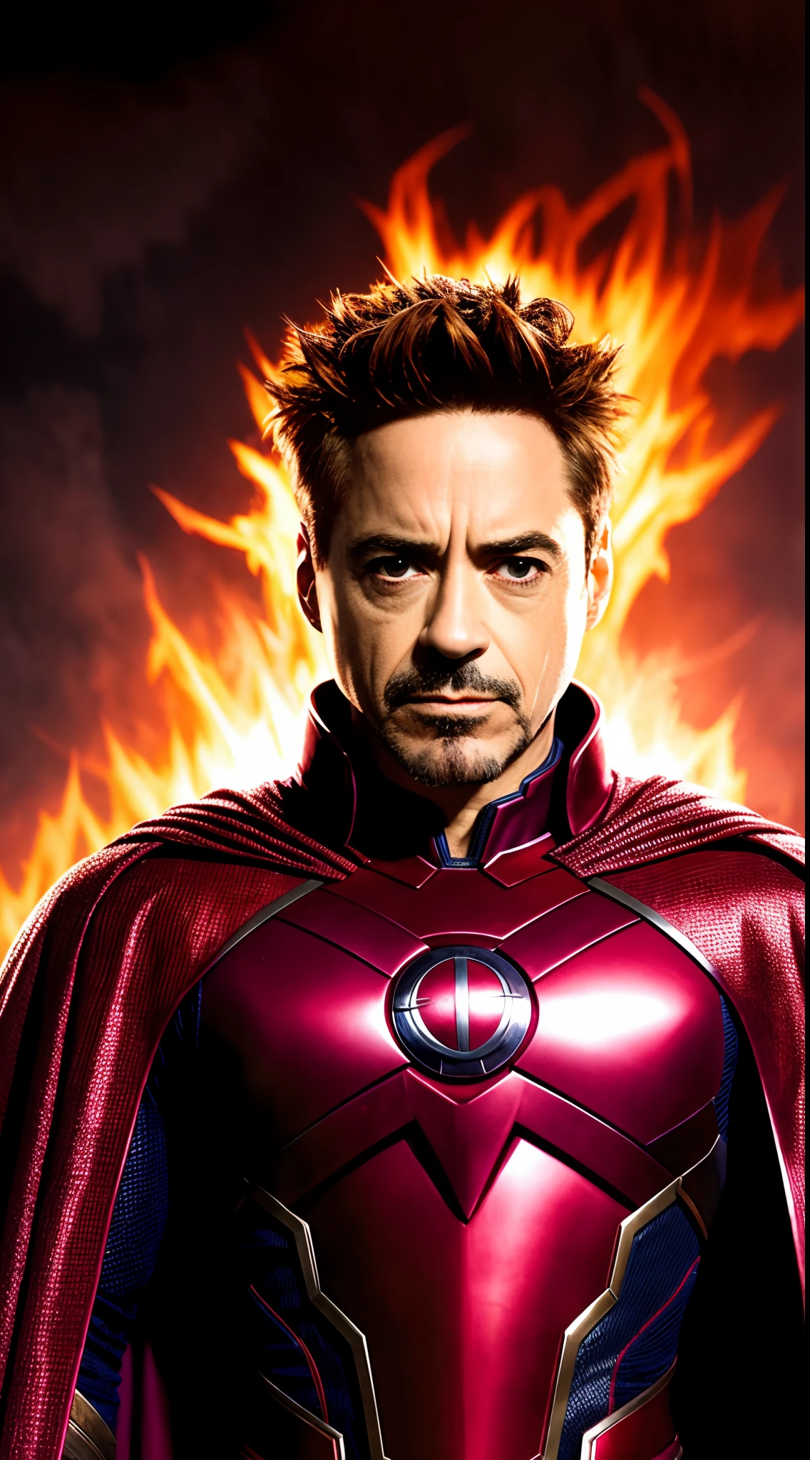 (extremely detailed 8k wallpaper), a medium shot photo of Robert Downey Jr as Magneto, red cape, Intricate detail, High Detail, dramatic, evil smile, apocalyptic background, head room space, 8k, photorealistic, full body shot
