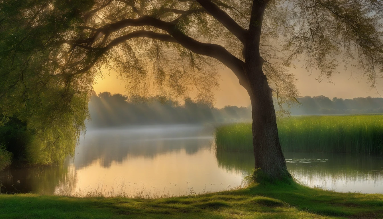 a serene landscape,peaceful lake,swaying willow trees,soft sunlight filtering through the branches,gentle ripples on the water,tranquil atmosphere,subtle colors,ethereal mist,harmony in nature,solitude,serenity,quiet reflection,artists' canvas,a touch of impressionism,sublime beauty,crisp details,high resolution,light haze and dreamy quality,inviting to explore,a hidden gem,perfect for meditation or escape,serene natural beauty,the beauty of simplicity