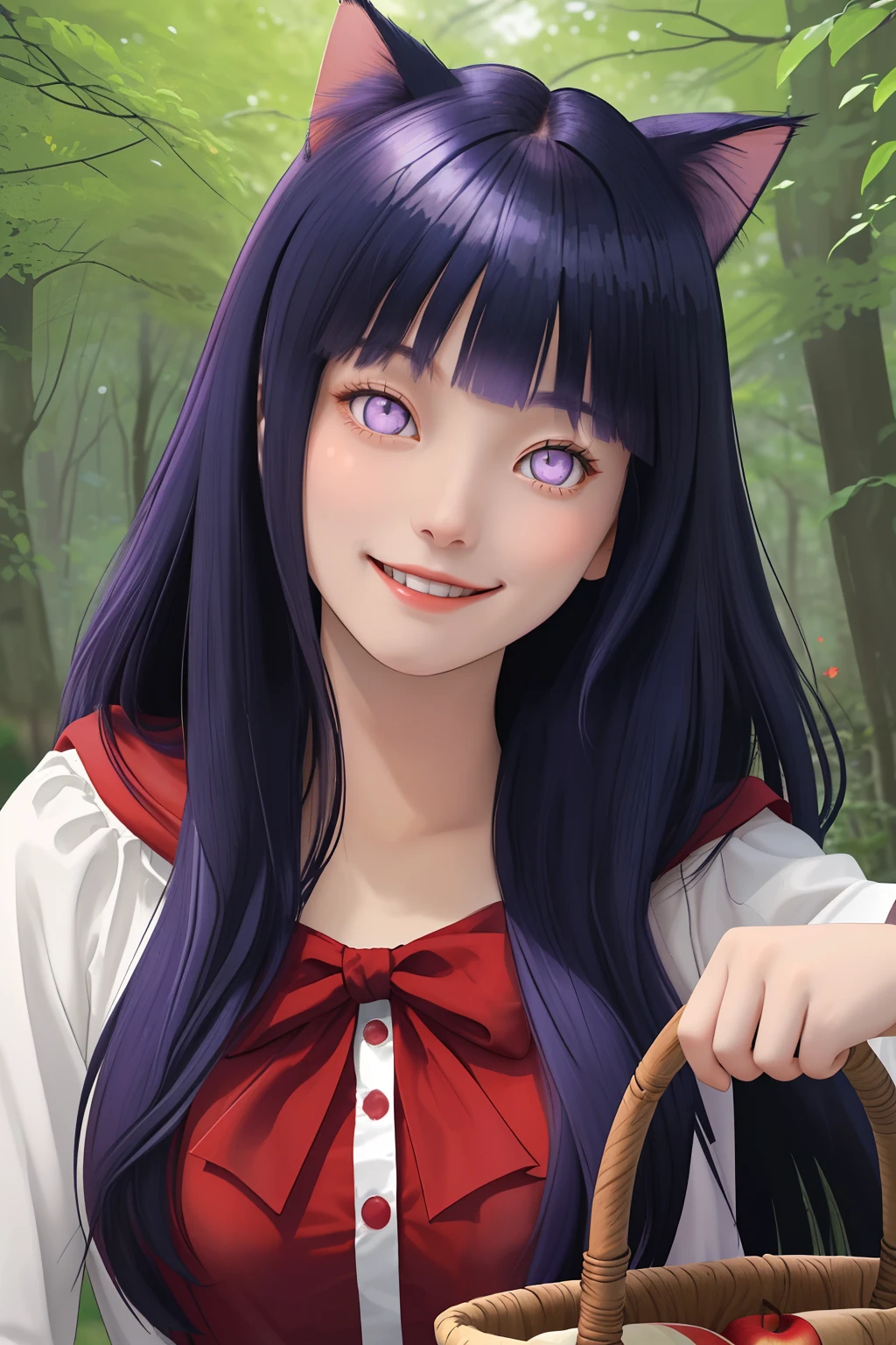 Cat character、red riding hood、in woods、2 head body、Smiling smile、Apple basket、animesque、no_human,long dark blue hair,Blunt Bangs,purple eyes,1 girl, Hinata Hyuga