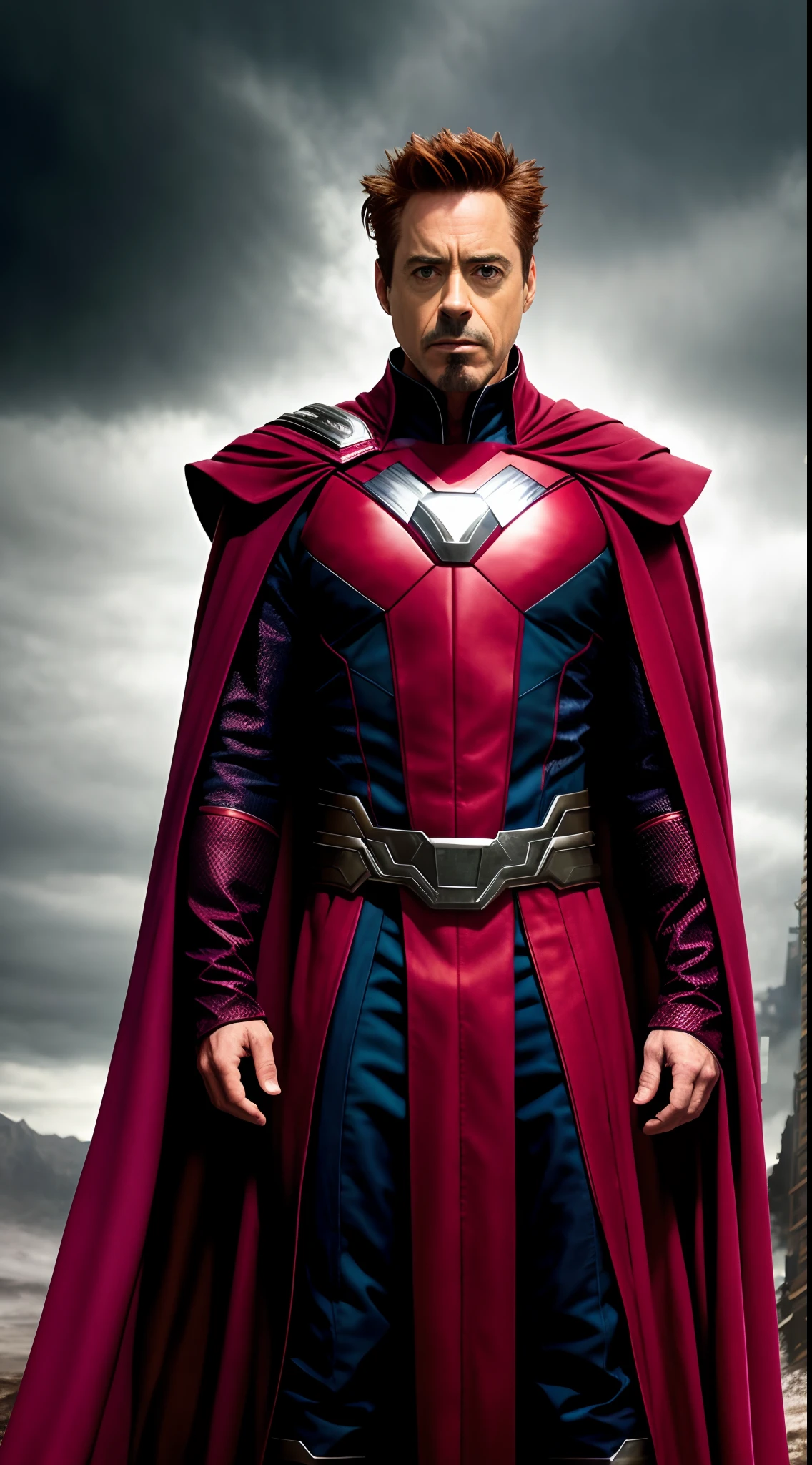 (extremely detailed 8k wallpaper), a medium shot photo of Robert Downey Jr as Magneto, red cape, Intricate detail, High Detail, dramatic, evil smile, apocalyptic background, head room space, 8k, photorealistic, full body shot