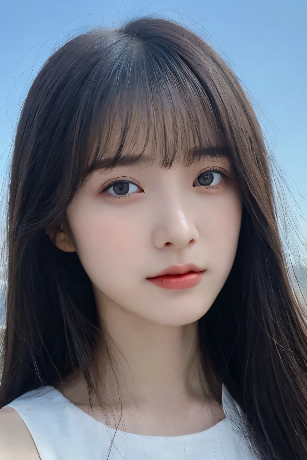 (detailed and realistic portrait of a girl with a clean face), (round eyes and long flutters hair shot outside),staring at camera,magical photography, dramatic lighting, photo realism, ultra-detailed,
intimate portrait composition, (centered image composition),(close up shot:1.6),best quality,f/1. 8, 85mm,
(28years asian woman), black_hair,(black_eyes:1.2),(bangs),makeup,white_dress,
(hazy blue_sky_background)