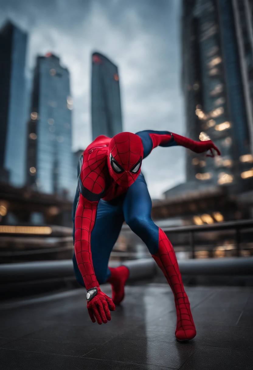 Spiderman MCU advanced red and blue suit, white long spider symbol, MCU black and white small movable eyelenses, (best quality,4k,8k,highres,masterpiece:1.2), ultra-detailed, (realistic,photorealistic,photo-realistic:1.37), 3D rendering, detailed muscles and contours, dynamic pose, vibrant city backdrop, night scene, glowing city lights, intense action, web-slinging, intense expressions, swinging through skyscrapers, (HDR, UHD, studio lighting), sharp focus, physically-based rendering, extreme detail description, professional, vivid colors, bokeh effect.