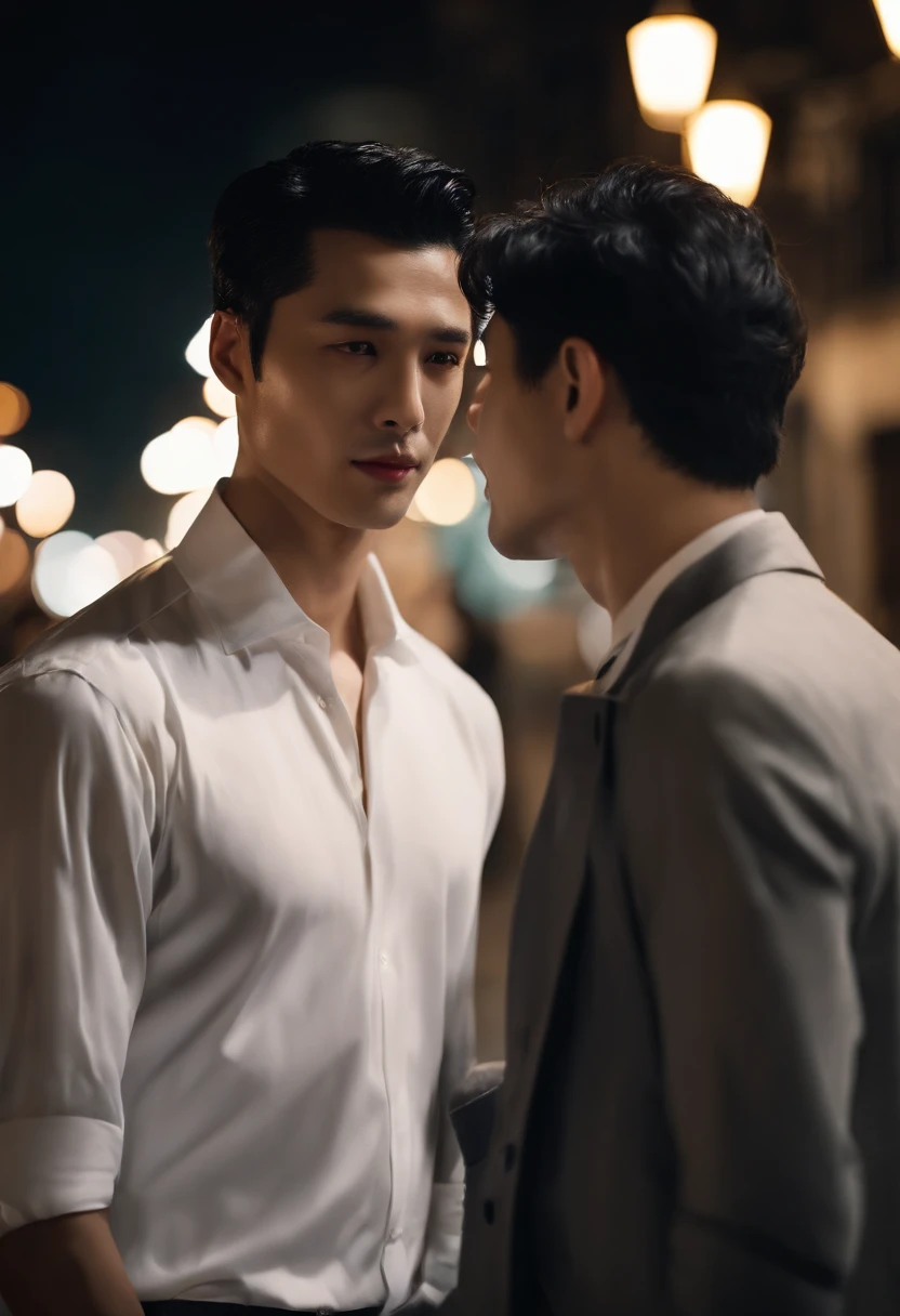 (Handsome men: 1.4), White shirt, Short black hair, Delicate face, Fair skin, formal outfit, ((On the street at night: 1.4)), Night, Deserted, nobody, 8 kg HD image, Masterpiece-level high-quality images,ryokan、Greet with a smile
