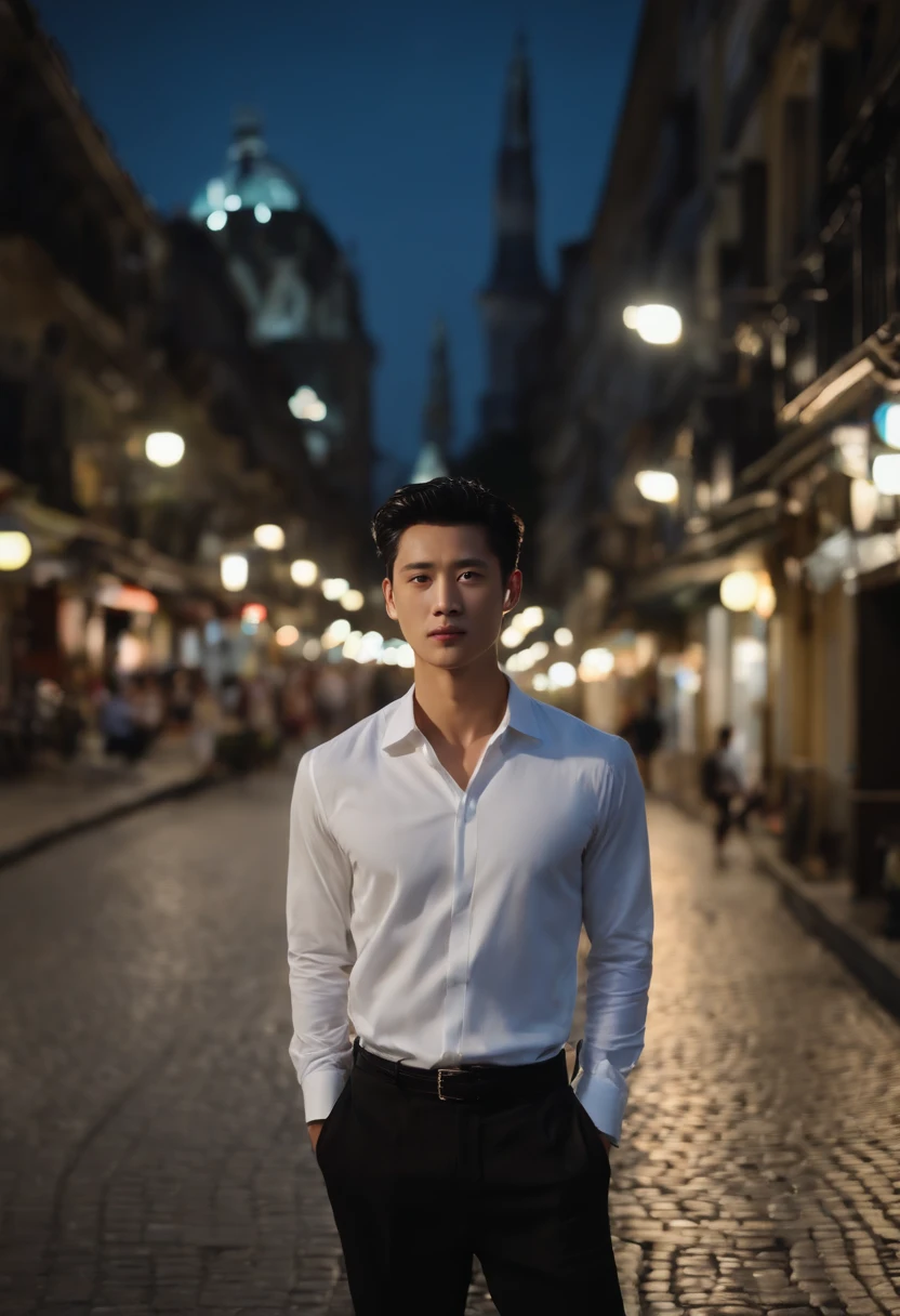 (Handsome men: 1.4), White shirt, Short black hair, Delicate face, Fair skin, formal outfit, ((On the street at night: 1.4)), Night, Deserted, nobody, 8 kg HD image, Masterpiece-level high-quality images,ryokan、Greet with a smile