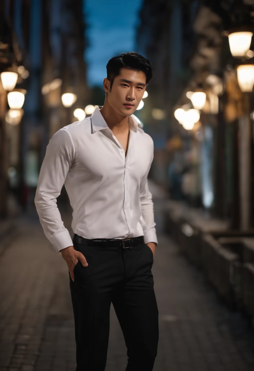 (Handsome men: 1.4), White shirt, Short black hair, Delicate face, Fair skin, formal outfit, ((On the street at night: 1.4)), Night, Deserted, nobody, 8 kg HD image, Masterpiece-level high-quality images,ryokan、Greet with a smile