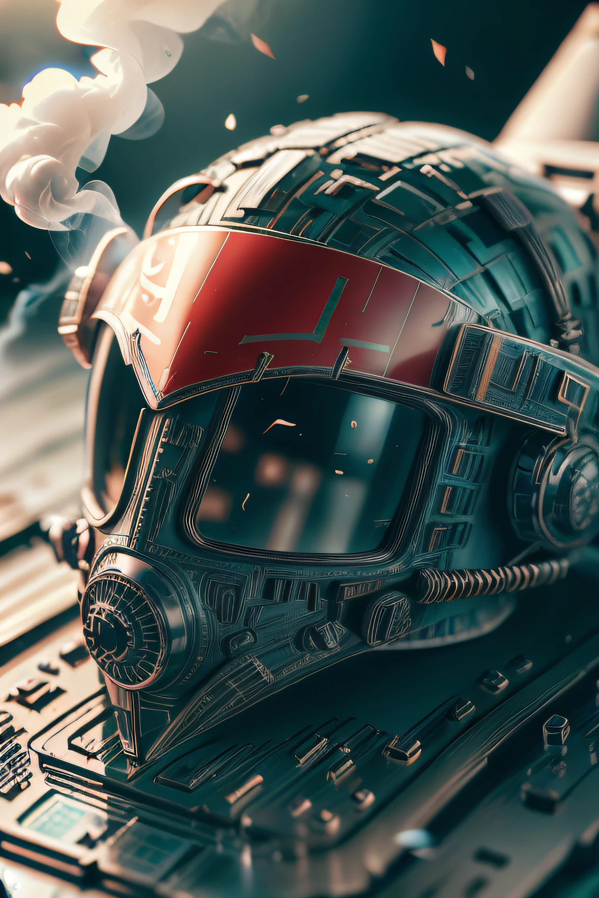closeup macro shot f:1.4 , f16 pilot mask museum glass, turkish flag, turkish airforce logo, turkish flag, surrounding magic smoke, ultra stable, front view, realistic