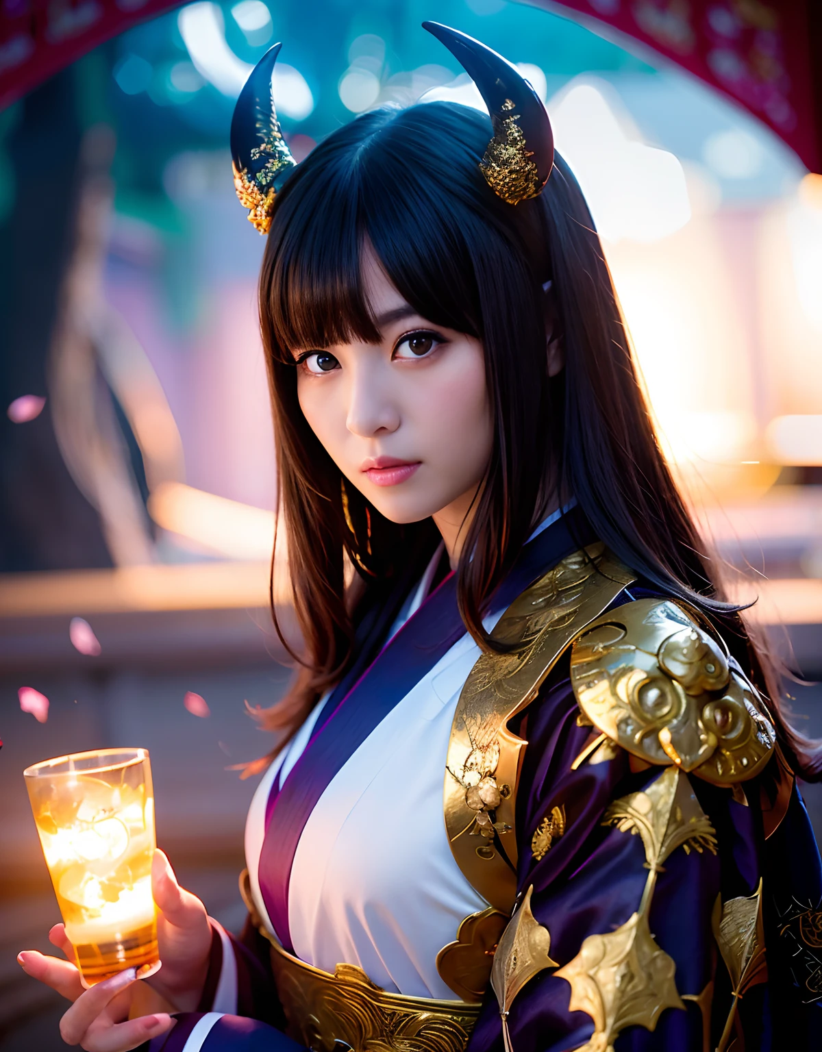 ((World of Darkness)),Professional , masterpiece、top-quality、photos realistic , depth of fields 、(sexypose)、(Background of cherry blossoms in full bloom),(Ultimate Beauty)、A dark-haired、()、(Kimono with beautiful pattern)、(Night background)、((a dark night)),(Wear a beautiful kimono),(Wear a beautiful kimono with colorful floral patterns)、Jewel Gold Weapon、Particles of light),(Has a devil's mask)、Gorgeous gold weapons ,(( Gorgeous Dragon Sword)) , (a dark night),,(maikurobikini) 、((Black Haired Beautiful Girl))、(Castle background)、(demonic wings)、((Gangle's forest background))、Beautiful Caucasian beauty、1a person、dynamic ungle,(((Two devil's horns on the head)))、Smaller head、Idle Smile、Thin and beautiful female hands、Mystical expression、Light Effects、intense fighting、Wind-effect、magic circles、With the legendary magic wand、Dragon's tail、