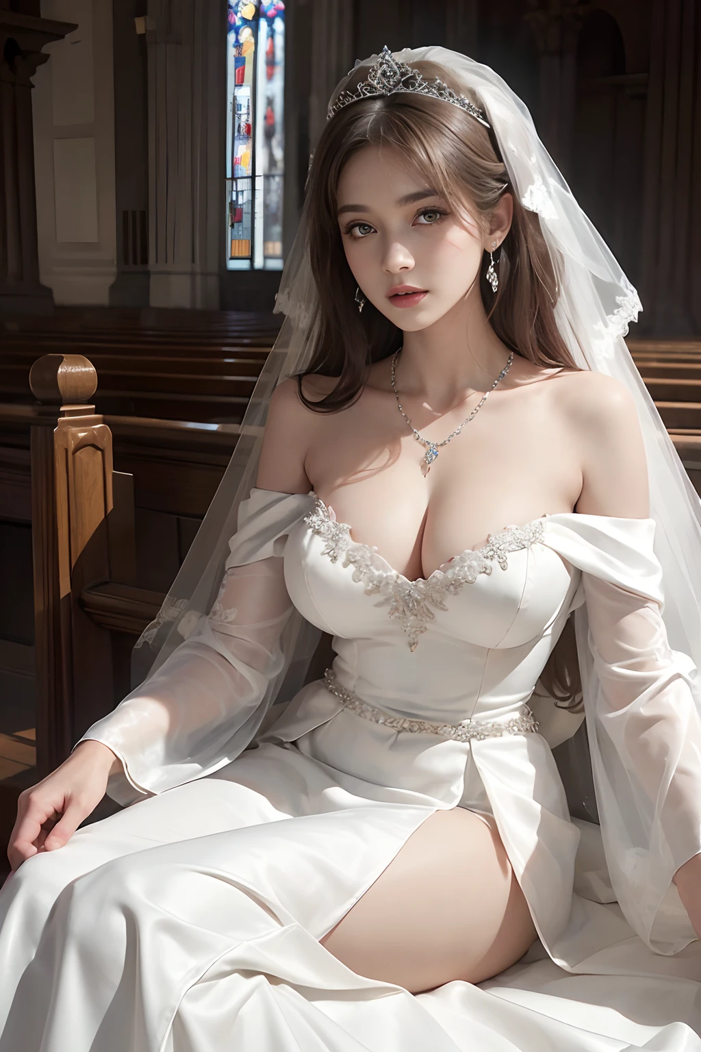 28 yeas, super beautiful woman, (((WEDDING PRINCESS DRESS))), ((Dress of off shoulder)), ((long skirt with side slit)), beautiful brown eyes, glossy lips, detailed skins, (necklace decorated with jewels), (big breasts), cleavage, detailed five fingers, thin limbs and waist, (sitting on a church), white petals, exotic, first-person view, f/2.8, 135mm, Nikon, ((best quality)), ((masterpiece)), UHD, masterpiece, ccurate, anatomically correct, super detail, high details, award winning, best quality, highres, HD, 4K, 8k