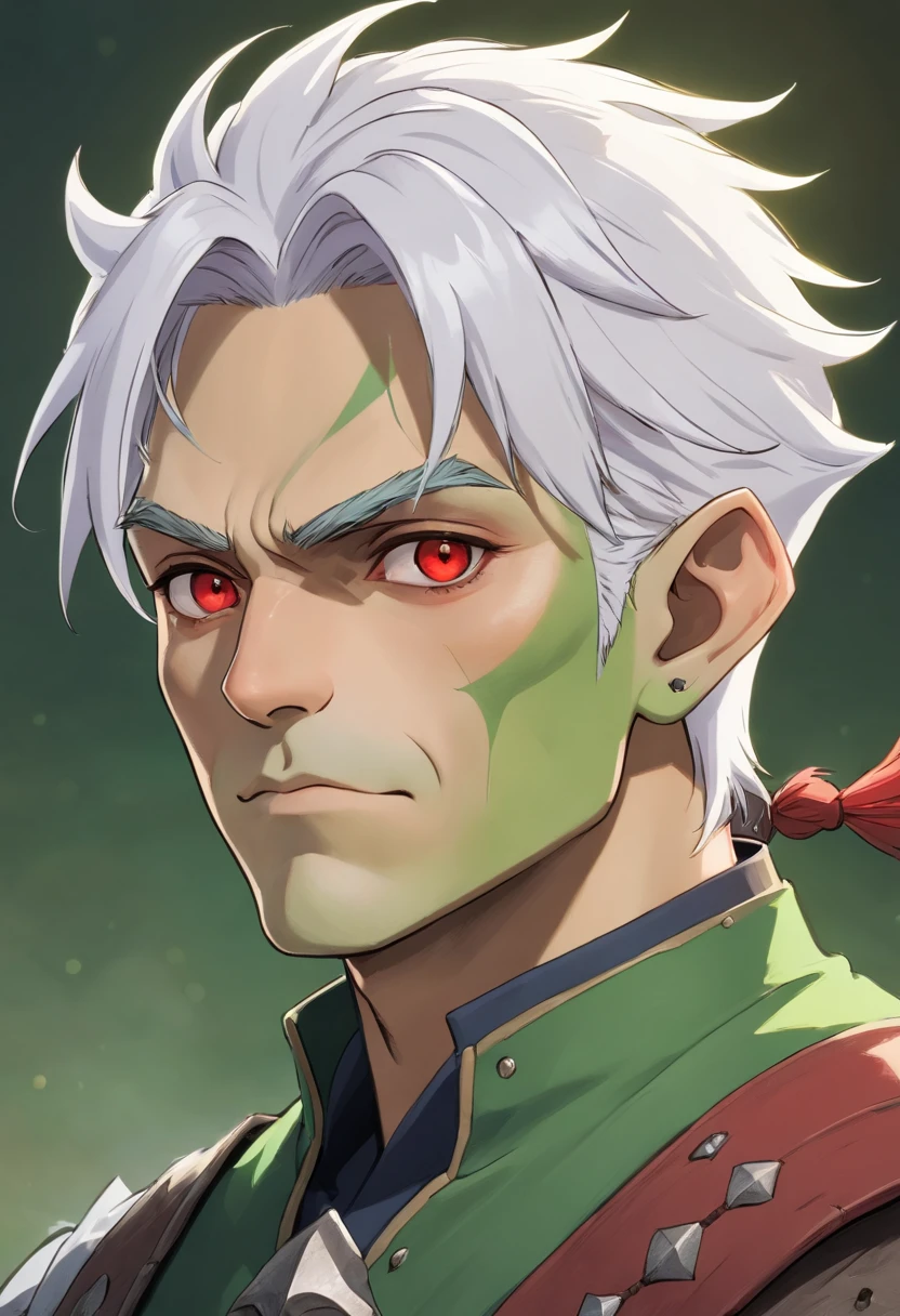 half orc, green skin, male, close up portrait, fantasy look, rpg character, medieval fantasy, white hair, red eyes, 1.90 height, muscolar, half-body shot, scars, ((Taper Haircut + Brushed Up man's hairstyle))
