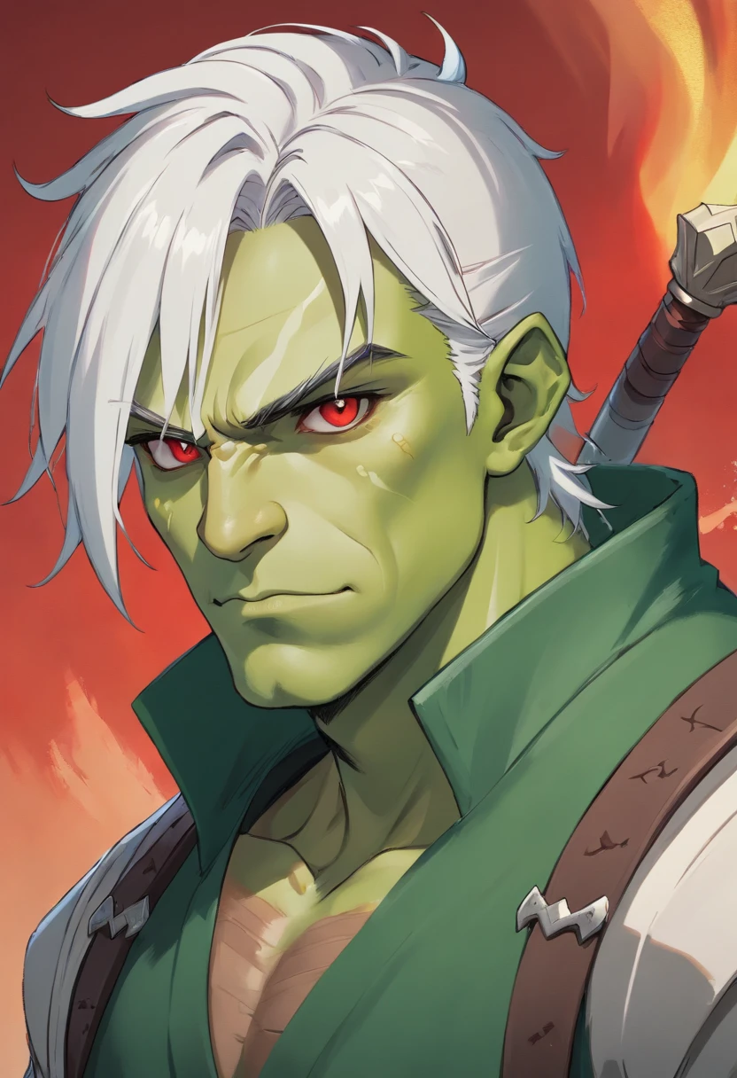 half orc, green skin, male, close up portrait, fantasy look, rpg character, medieval fantasy, white hair, red eyes, 1.90 height, muscolar, half-body shot, scars, ((Taper Haircut + Brushed Up man's hairstyle)), black boots, fullbody ((fullbody))