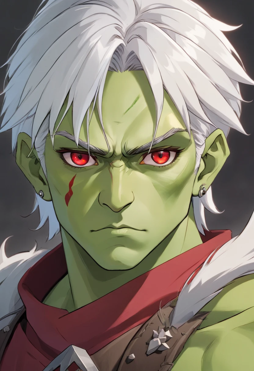 half orc, green skin, male, close up portrait, fantasy look, rpg character, medieval fantasy, white hair, red eyes, 1.90 height, muscolar, half-body shot, scars, ((Taper Haircut + Brushed Up man's hairstyle))