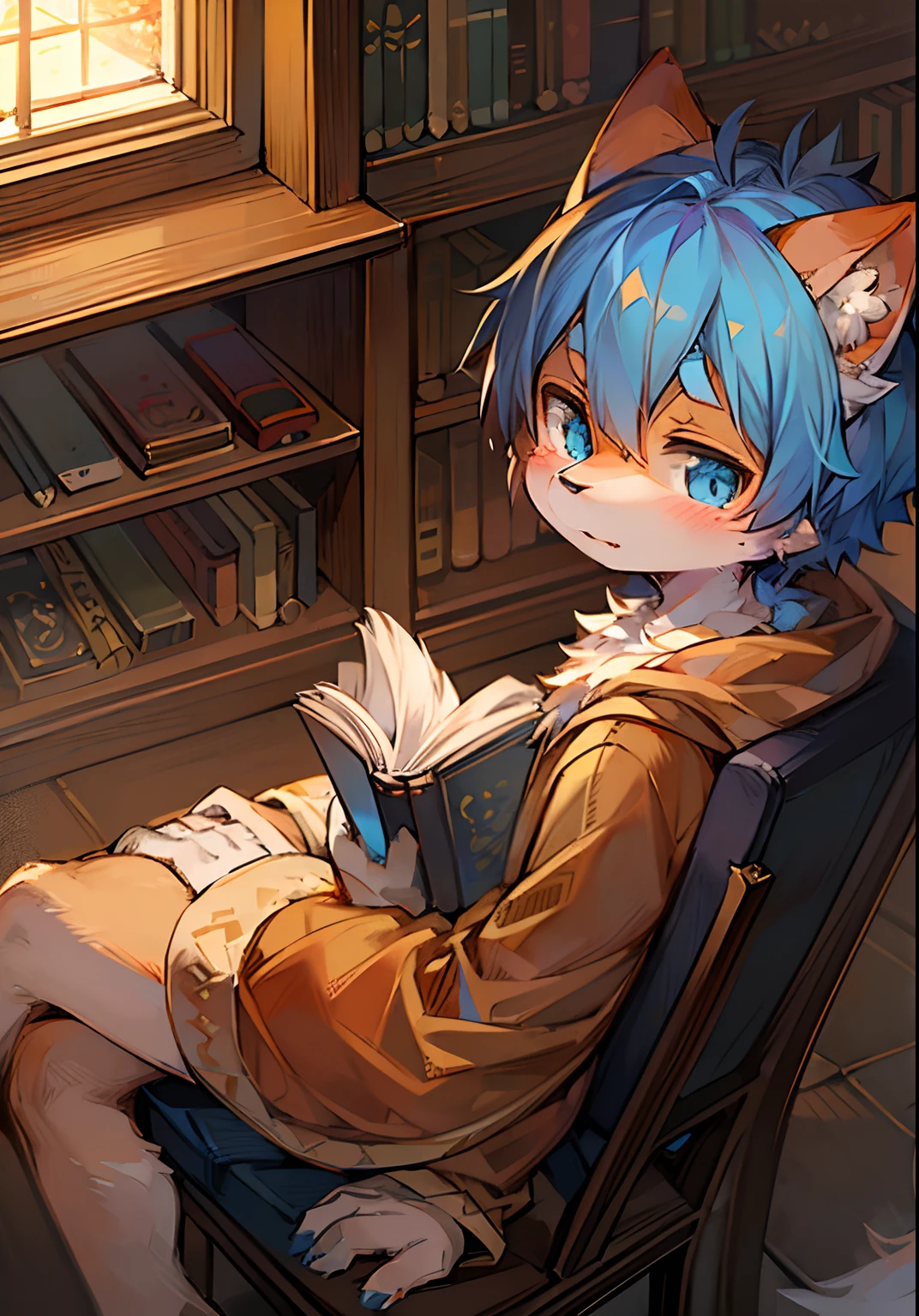 (ambiente dark:0.8),Masterpiece,High quality,abstract res,Digital painting\(artwork of a\), by Dagasi, Yupa,Kiyosan,(anthro,Fluffy fur,Character focus:1.1),anthro male cat,Short hair,Portrait , eyes with brightness,Sit and read ，in a panoramic view, Character focus.(detailedbackground:0.7), 独奏, shaggy, shaggy male, malefocus, anthr,(Full Body Furry, Fluffy tail, Light orange fur, Dark blue eyes, blue hairs:1.2), (long canines、The scholar、cloaks：1.2），（interiors、libraryai：1.1）