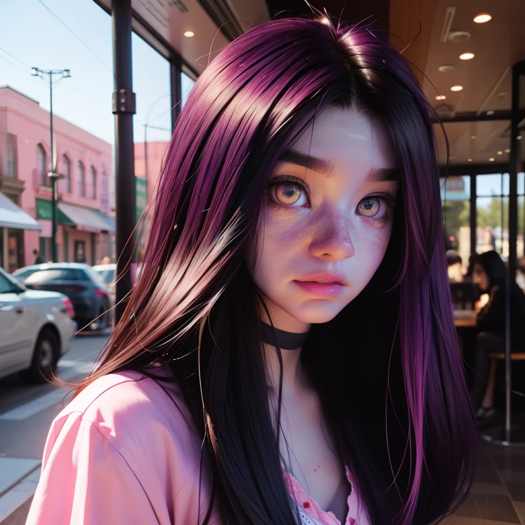 A cute anime (zombie girl) with (dark purple straight hair), freckles, (blue skin), (big pink eyes), pink nose, in aesthetic pose, full body shot, in a starbucks.
