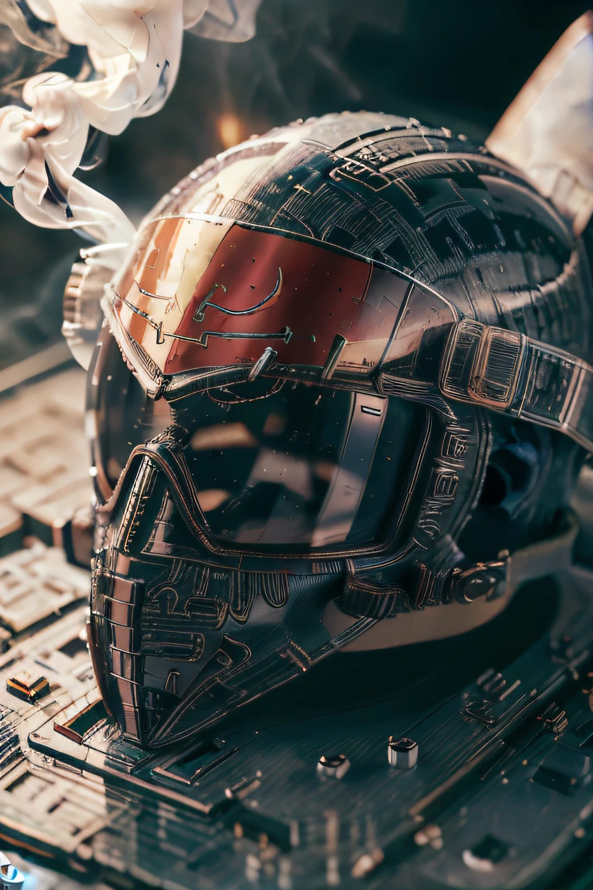 closeup macro shot f:1.4 , f16 pilot mask museum glass, turkish flag, turkish airforce logo, turkish flag, surrounding magic smoke, ultra stable, front view, realistic