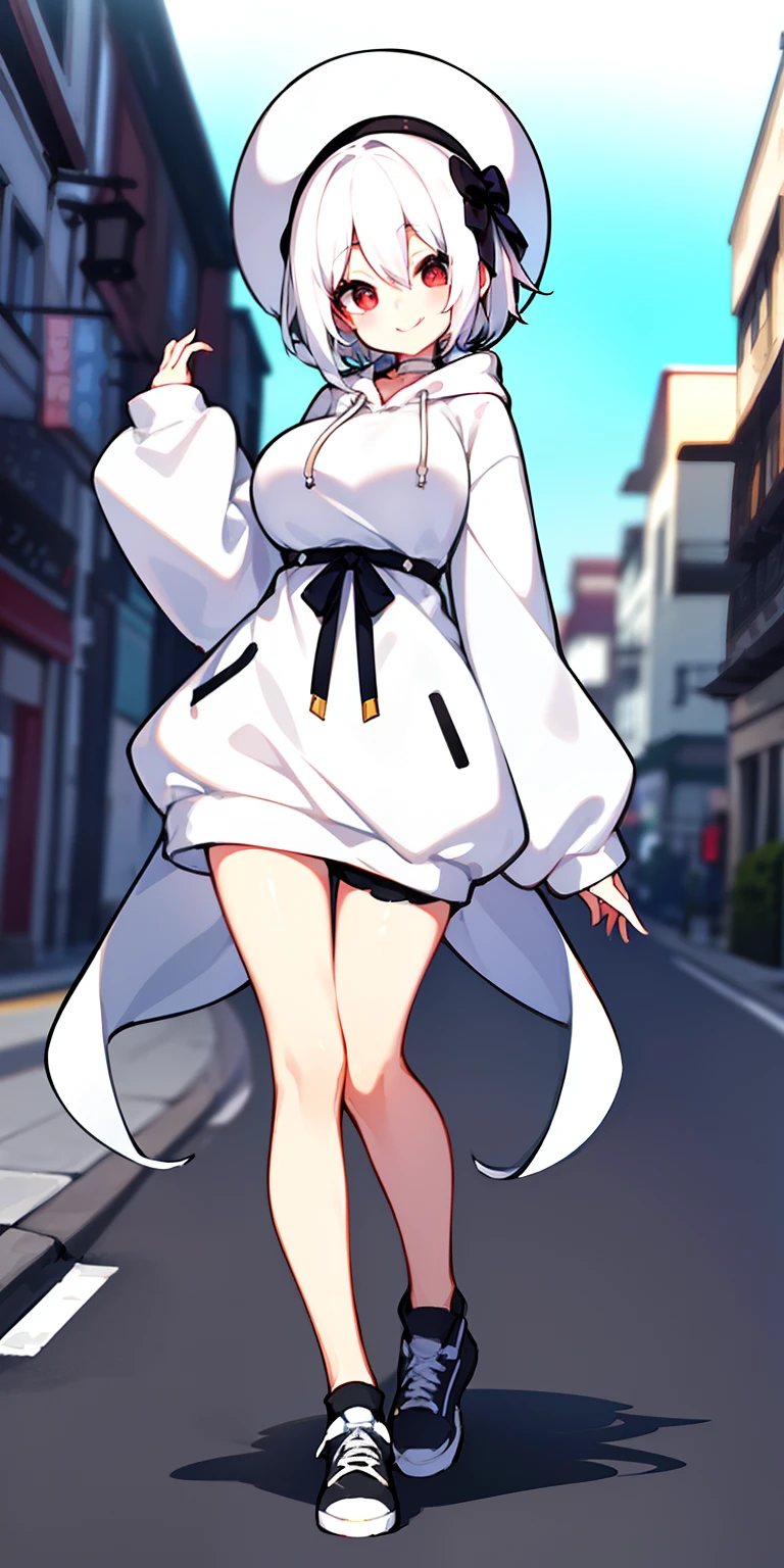 masterpiece、top-quality、女の子1人、white hair、Wolfcut、Viewer's Perspective、kawaii、Long hoodie、Street、A slight smil、Short stature、large full breasts、Wearing a big hat