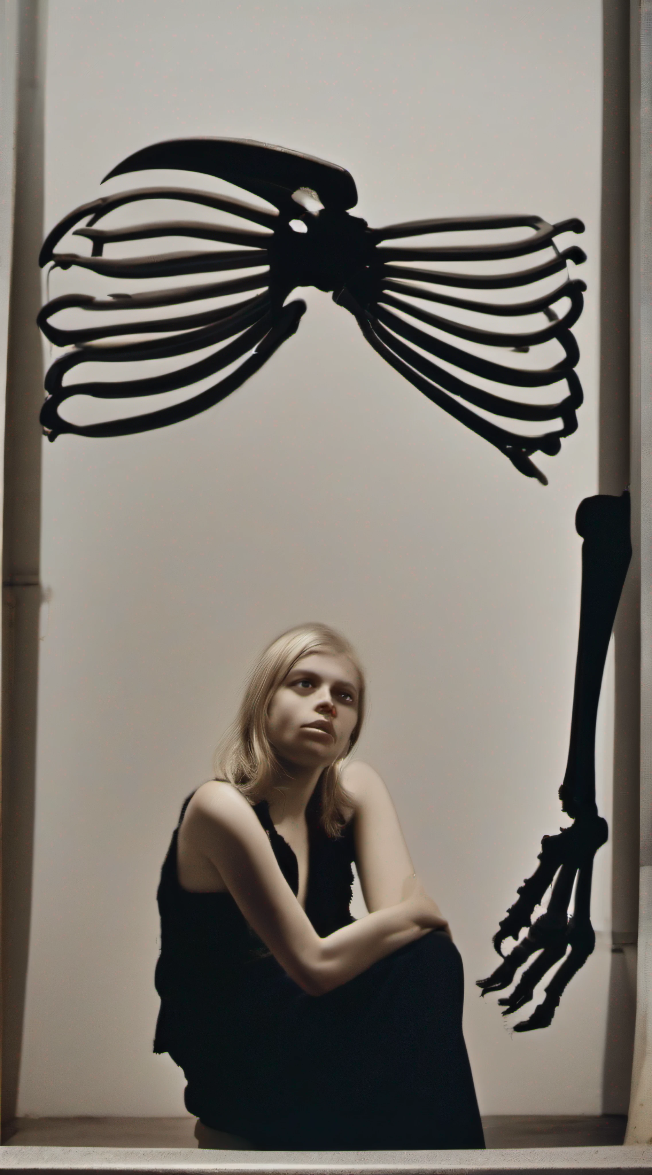 "(The best lighting, alto contraste, oscuro, dramatic),(Chica rubia junto a una cabra negra gigante, Open the rib cage, autopsia, caldero con huesos humanos, sangre por las paredes). Luz Caravaggio"