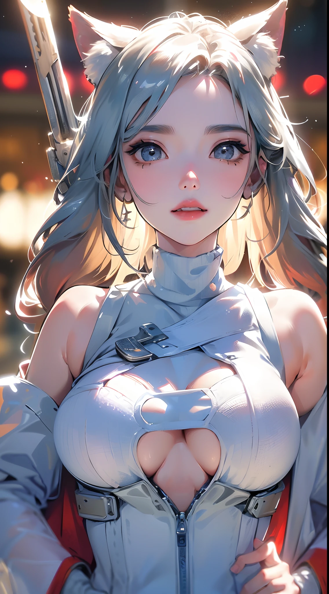 (Best Quality, 8k, 32k, Masterpiece, UHD:1.3), (Photo of Attractive Japanese Woman), ((1 Girl)), ((moderate Boobs)), Abs, Perfect Body, Ultra Detailed Face, Detailed Lips, Fine Eyes, double eyelids,, (seductive), ((aroused:1.5)), ((in heat)), ((milf)) sexy girl, beautiful girl, jaw-dropping beauty, (silver long hair:1.2)), scifi woman, in (white sweaters), ((close up to face and breast)), smiling beautifully, in mecha cockpit, sunlight illuminated her beautiful face, fox ears,