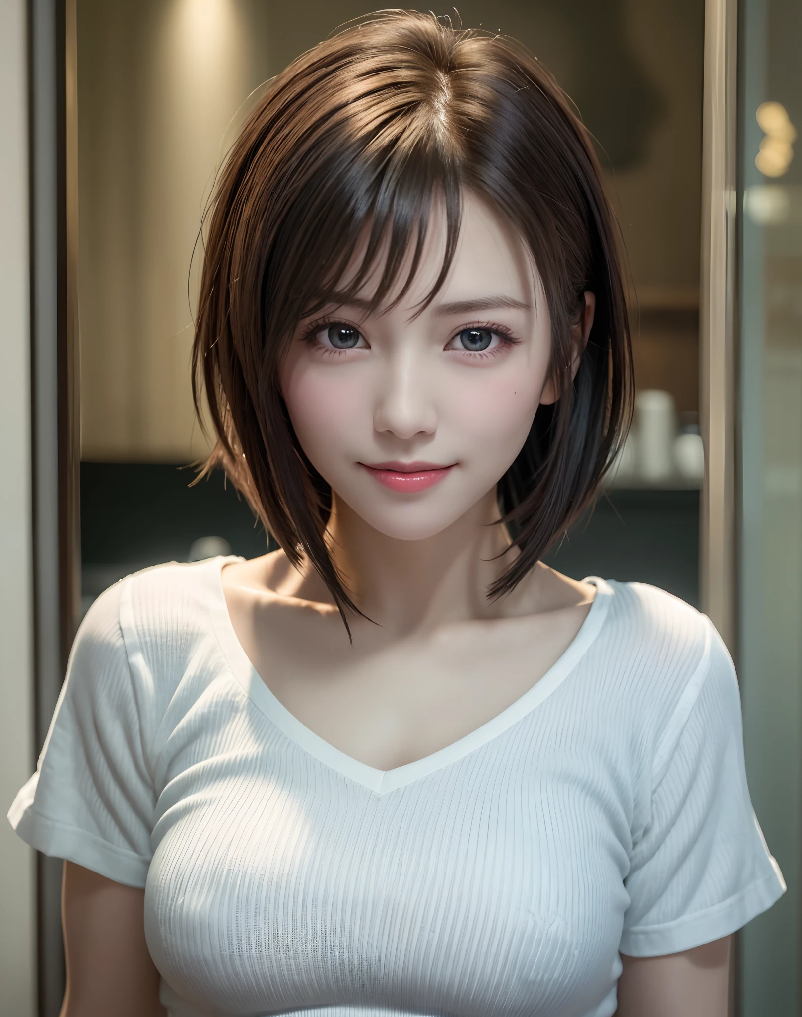 Highest quality、(beautiful)、Brown Hair、looking at the camera、Upper Body、Close-up、Larger breasts、smile、Shot from above、Semi-short hair、The chest was open.Tshirt