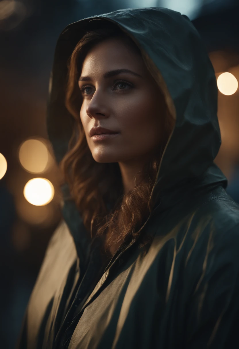 arafed woman in a raincoat looking at the camera, cinematic portrait, dramatic cinematic portrait, highly detailed vfx portrait, cinematic realistic portrait, cinematic shot epic portraits, ultra-realistic digital art, ultra realistic digital art, hyperrealistic digital art, detailed cinematic photography, ultrarealistic digital art, photorealistic dark concept art, wojtek fus, ultra realistic digital painting