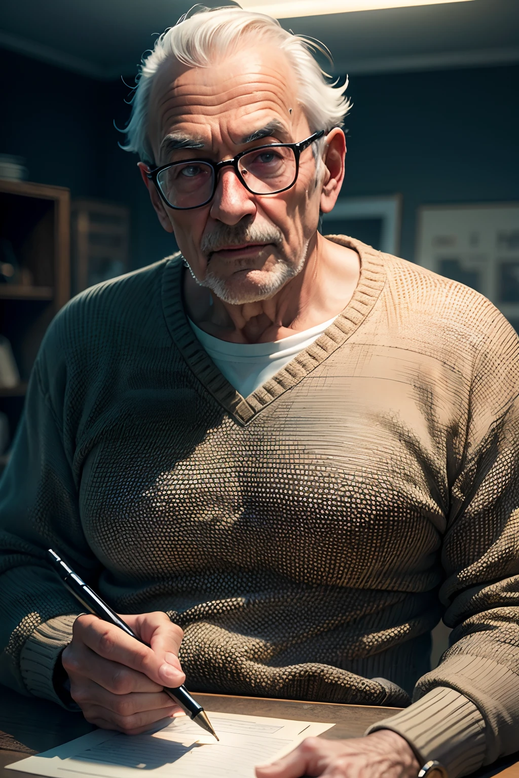 masterpiece, photorealistic, raw,:1.4), (extremely intricate:1.2), close up, cinematic light, sidelighting, ultra high res, best shadow, RAW, upper body, old man, wearing pullover,