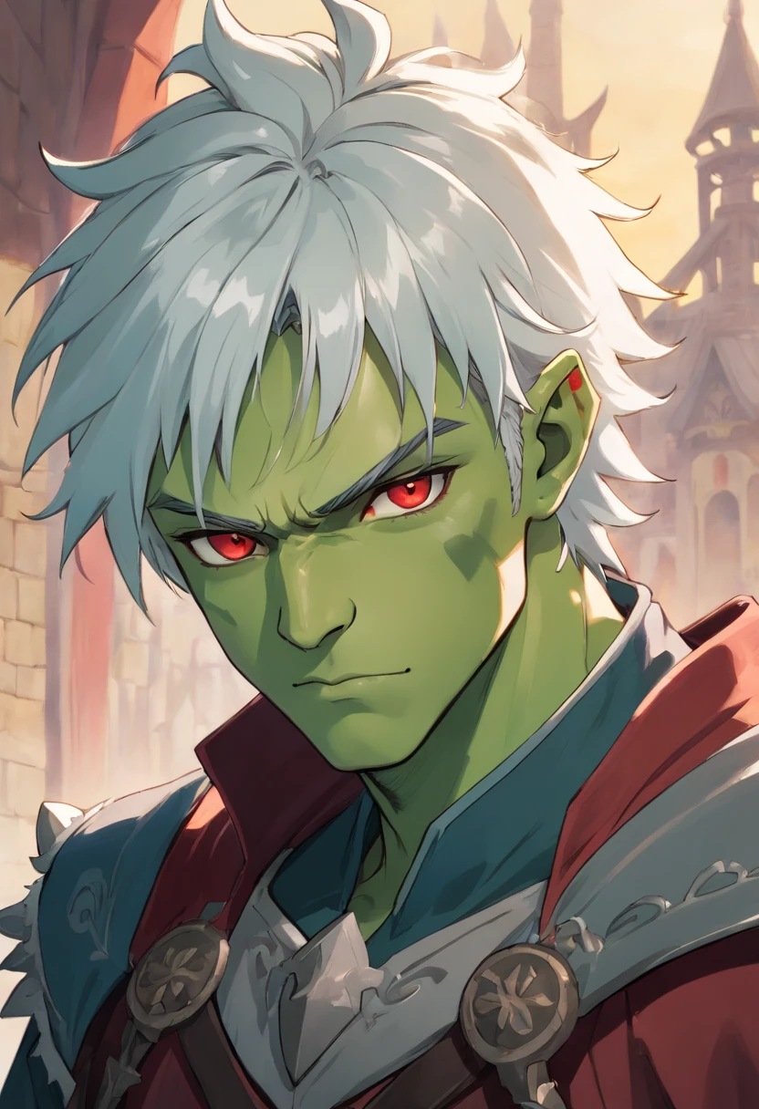 half orc, green skin, male, close up portrait, fantasy look, rpg character, medieval fantasy, white hair, red eyes, 1.90 height, muscolar, half-body shot, scars, ((Taper Haircut + Brushed Up man's hairstyle)), black boots, fullbody ((fullbody))